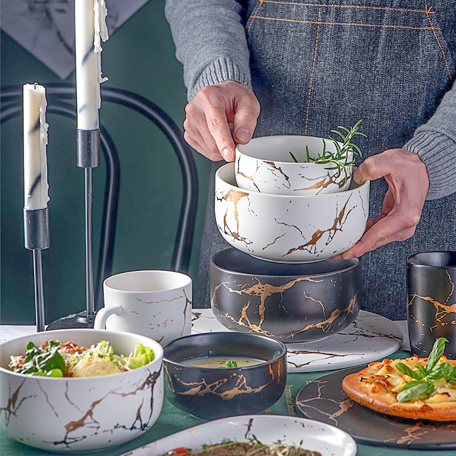 Premium LUCCK 17oz Ceramic Marble Soup & Cereal Bowl - Microwave & Dishwasher Safe - Elegant Gold Inlay Design for Oatmeal, Rice, Desserts - Perfect for Breakfast, Snacks & Dining (White)