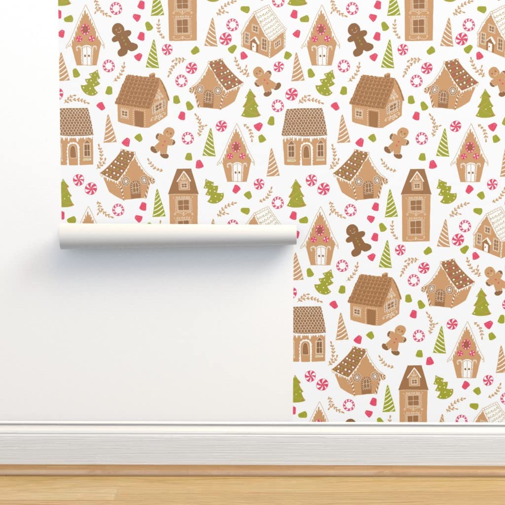Peel and Stick Removable Wallpaper - 9ft x 2ft Gingerbread Town Christmas Holiday Design | Custom Self-Adhesive Wall Decal for Bedroom, Nursery & Home Decor | Winter Festive Man Cookies Pattern by Spoonflower