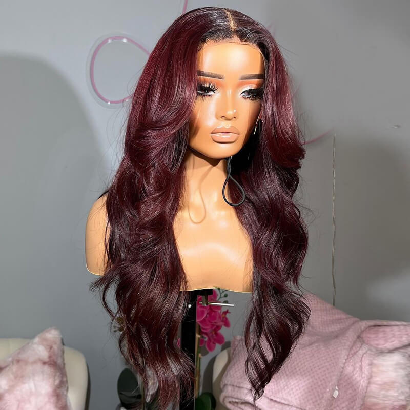 Eullair Pre-Colored Blue 99J Burgundy Layered Cut Body Wave Human Hair Wig with Curtain Bangs | Lace Front Wig for Women | Perfect for Cosplay, Daily Wear & Special Occasions