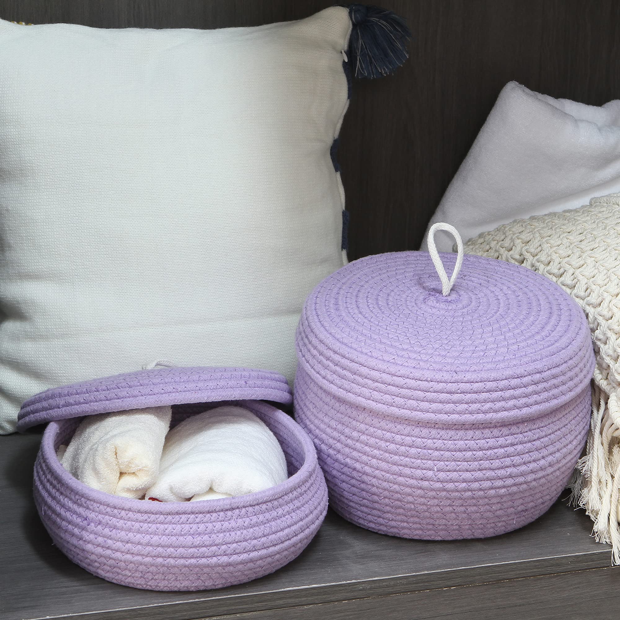 Sea Team Round Cotton Rope Storage Basket with Lid - Decorative Woven Organizer Bin for Home, Nursery, Bathroom | Perfect for Snacks, Towels, Plants, Toys & More | 10 x 7.5 Inches (Small, Lavender)