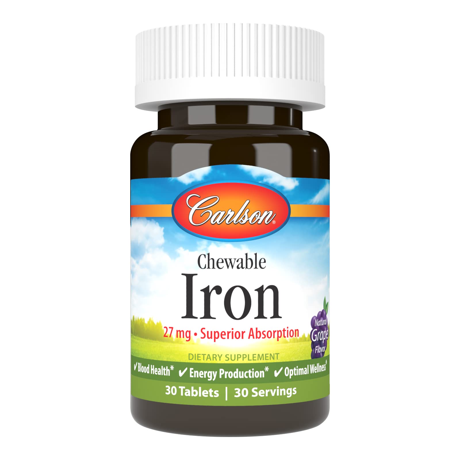 Carlson Chewable Iron 27 mg Grape Flavor - Iron Supplement for Blood Health & Energy Support - 30 Easy-to-Swallow Tablets - Ideal for Anemia, Pregnancy & Active Lifestyles
