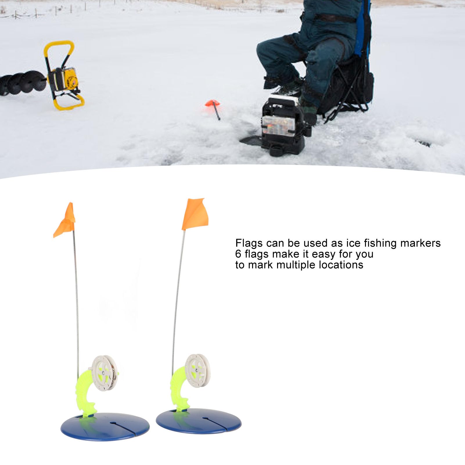 6-Piece SUNGOOYUE Ice Fishing Flag Kit - Portable Winter Fishing Rod Indicator Flags with Base for Ice Angling | Ideal for Ice Fishing, Winter Outdoor Activities & Cold Weather Adventures
