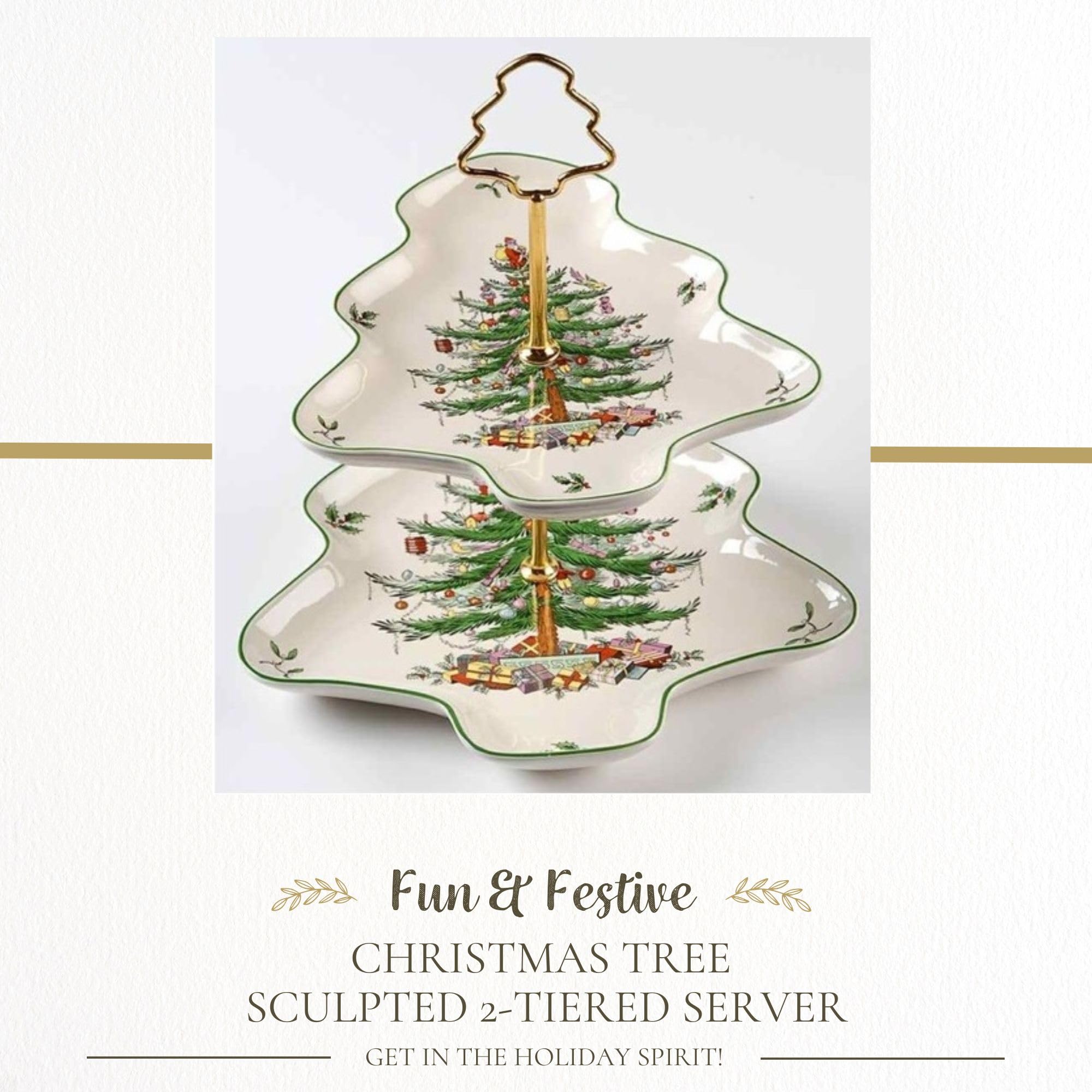 Spode Christmas Tree 2-Tiered Porcelain Server - Holiday Cupcake Stand & Dessert Display Set with 10