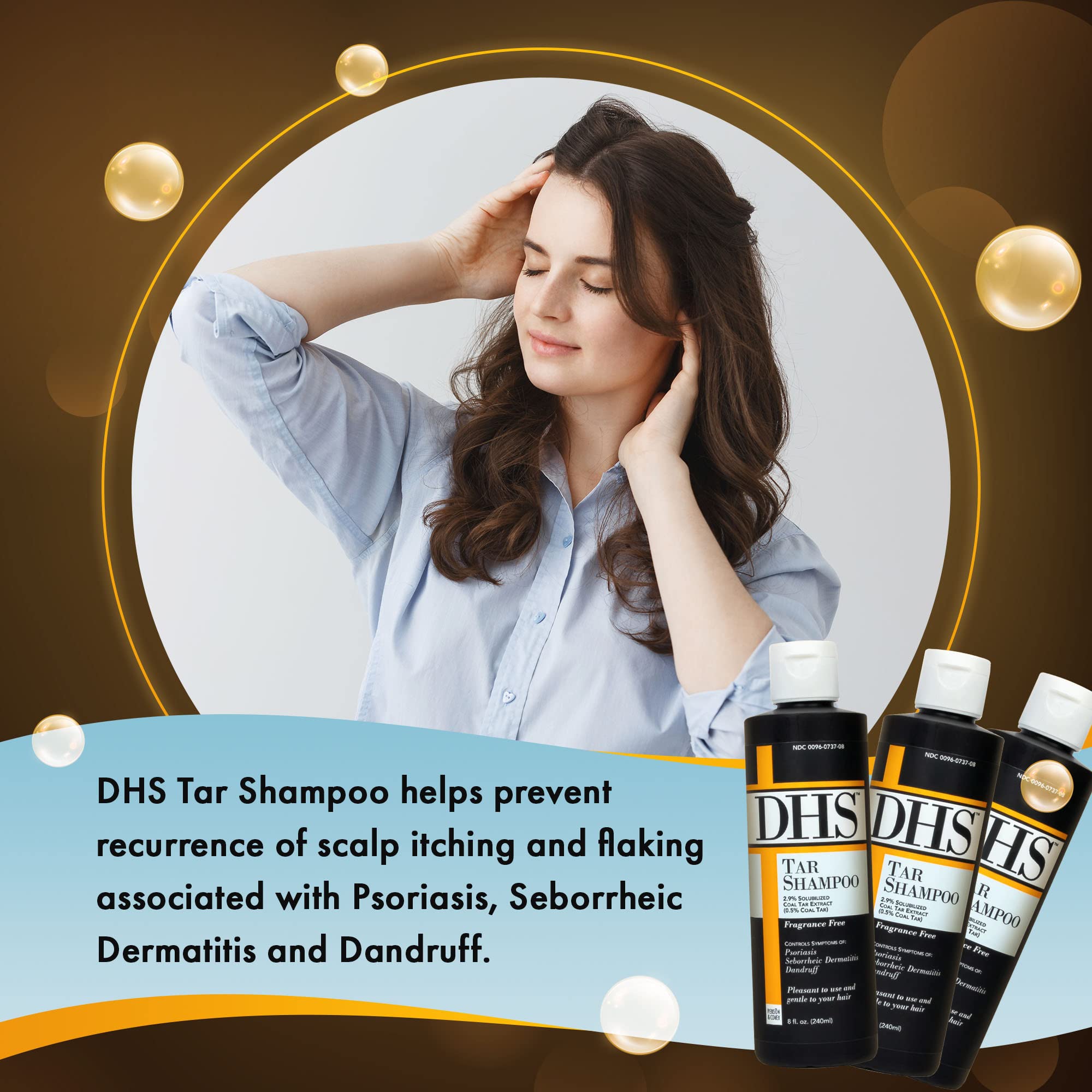 DHS Coal Tar Shampoo for Dandruff & Psoriasis Relief - Unscented Medicated Shampoo for Men & Women - Itchy Scalp Treatment for Seborrheic Dermatitis - 8 Fl Oz (Pack of 3) - Ideal for Daily Scalp Care & Flake Control
