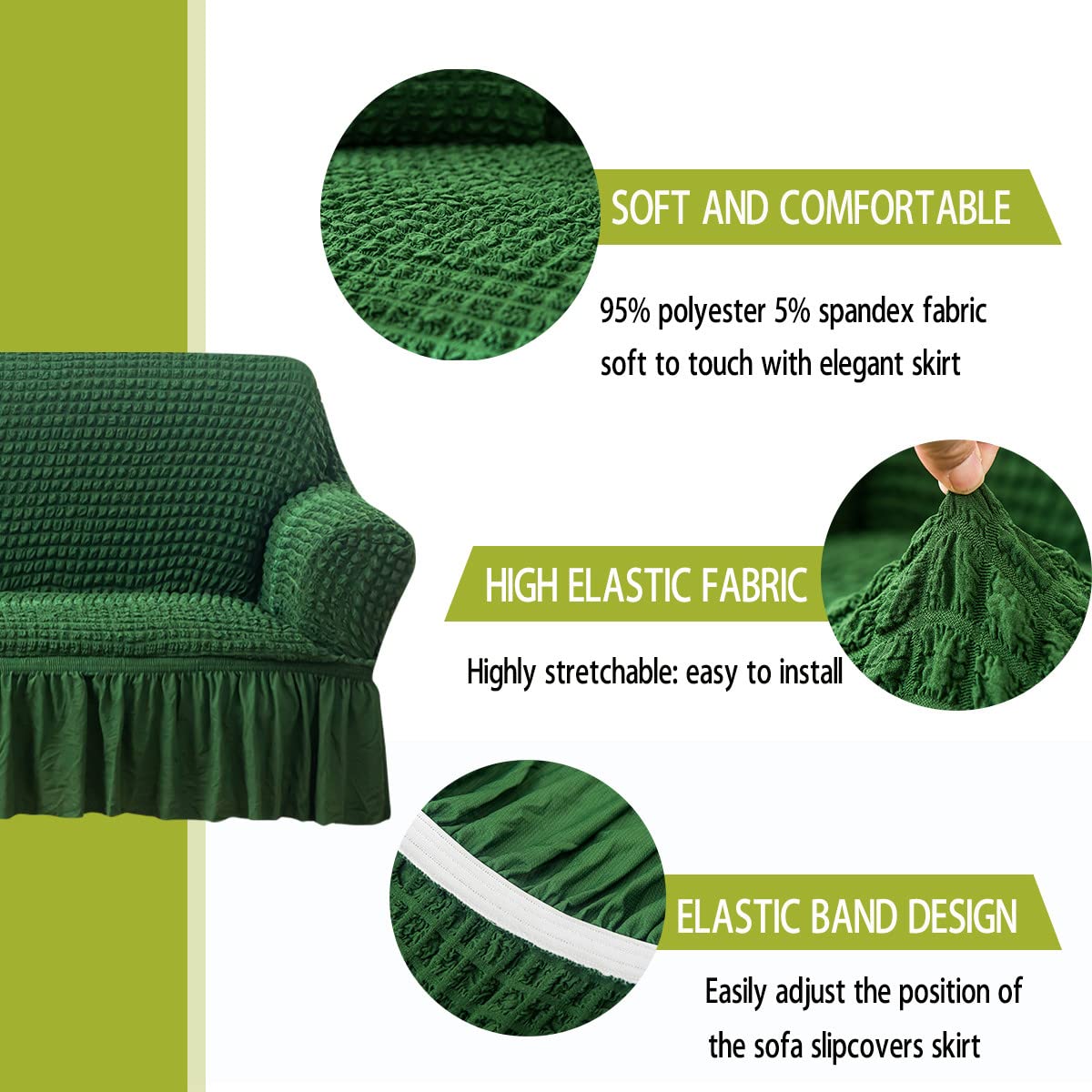 Qubjus Stretch Sofa Slipcover - Washable Couch & Sofa Bed Cover - Easy Fit Furniture Protector with Elastic Bottom & Skirt - Dark Green, Medium - Perfect for Living Room, Bedroom, or Office Decor