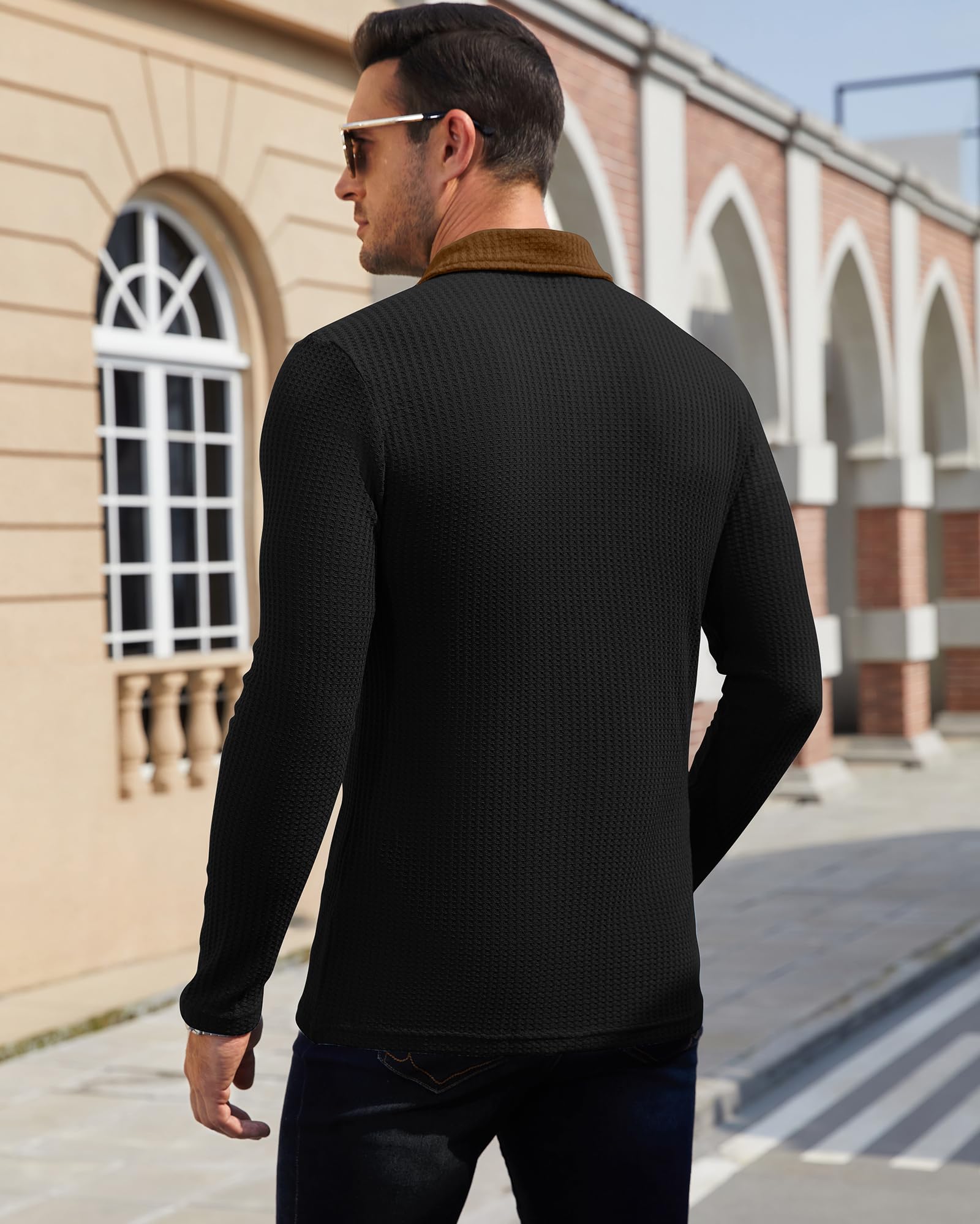 Men's Slim Fit Long Sleeve Polo Shirt - Lightweight Waffle Knit Texture, Casual Button Down Shirt with Chest Pocket | Perfect for Office, Golf, and Everyday Wear