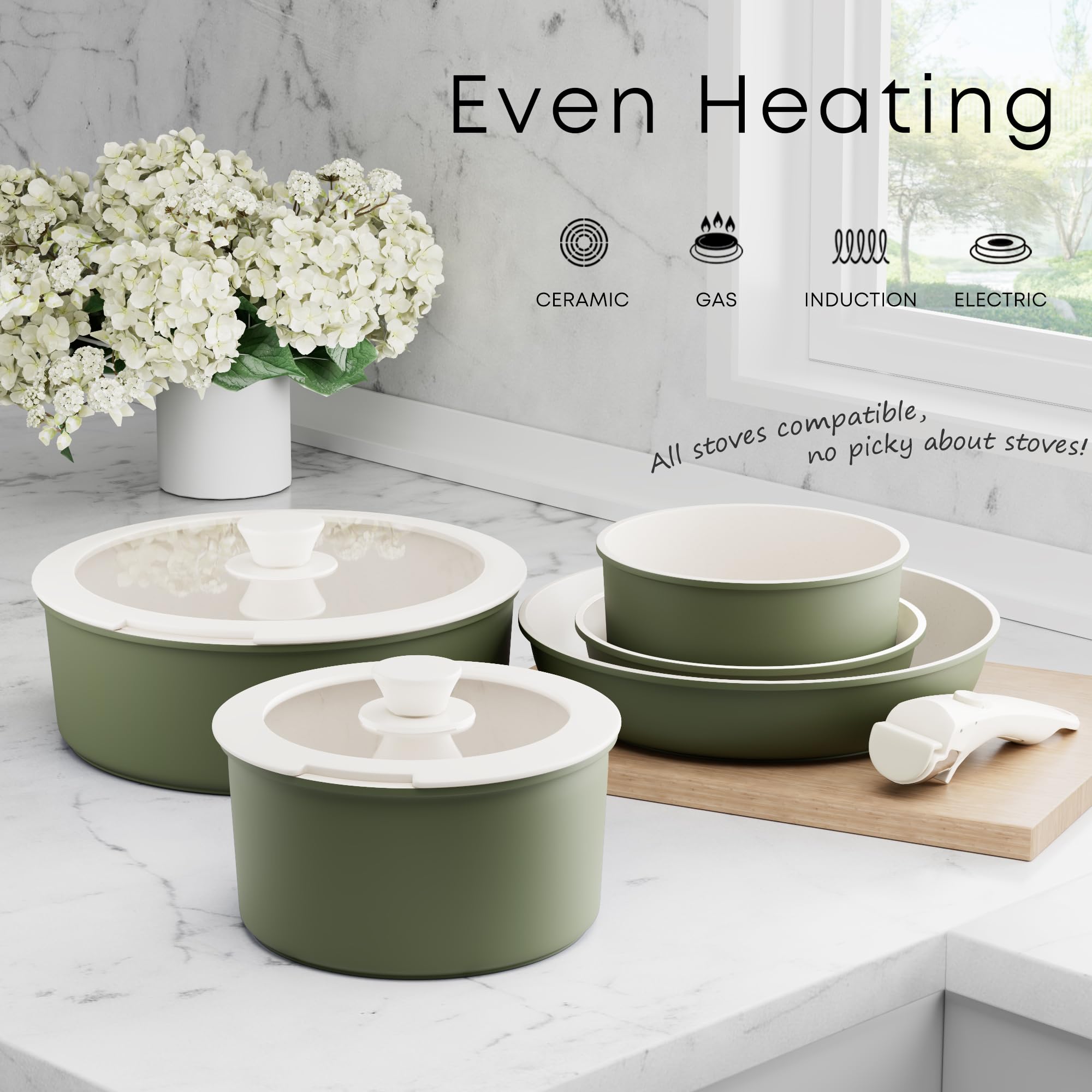 **Caannasweis Detachable Nonstick Cookware Set - 5-Piece Stackable Induction Pots & Pans with Removable Handles, Dishwasher Safe - Perfect for RV Camping, Oven & Stovetop Use (Green) - Ideal for Small Kitchens, Outdoor Cooking & Easy Storage**