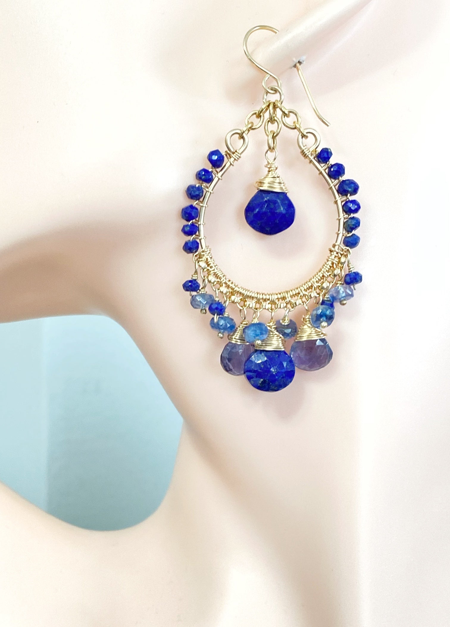 Blue Gemstone Gold Hoop Chandelier Earrings - Lapis, Kyanite & Iolite - Elegant Statement Jewelry for Parties, Weddings & Special Occasions