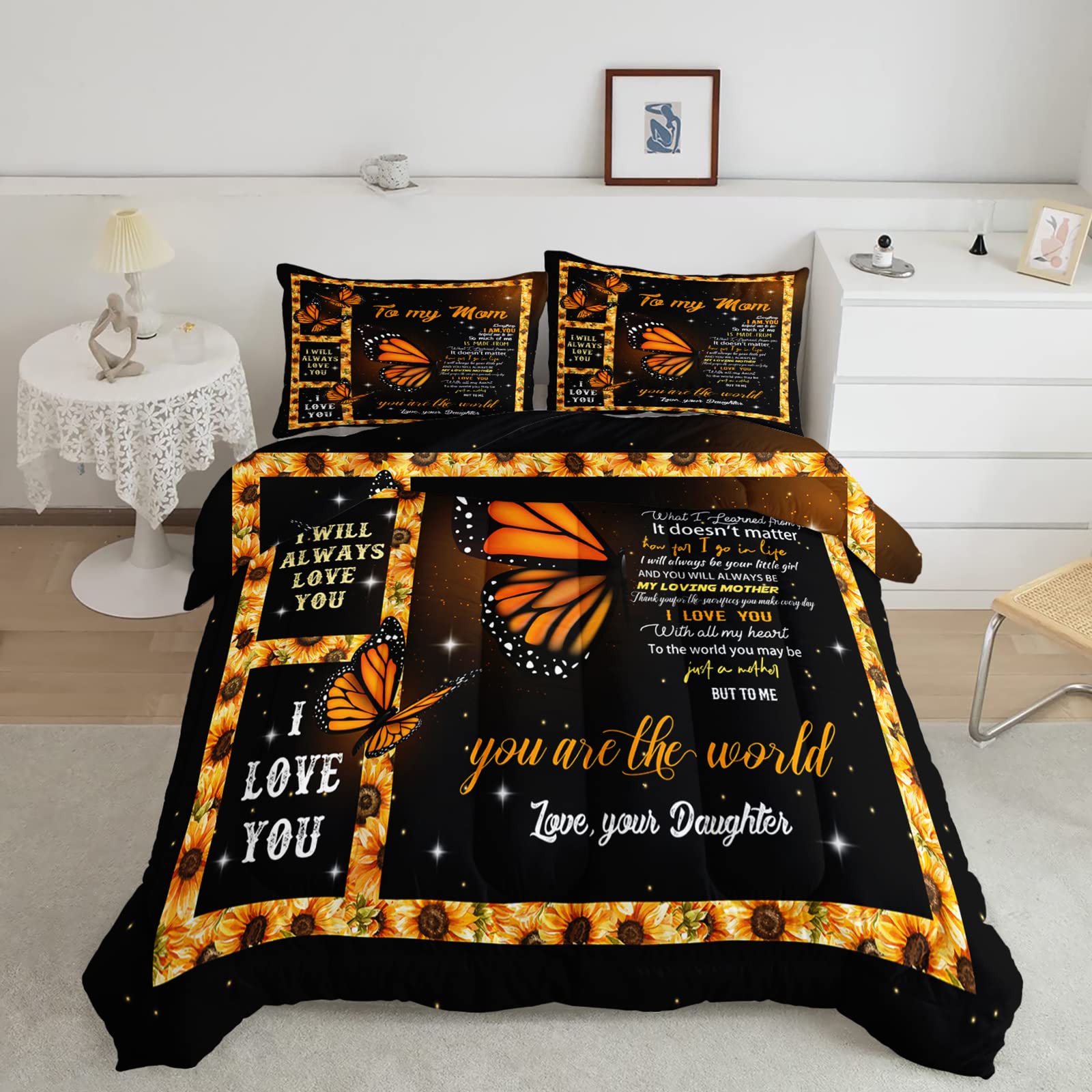BSNTHO Butterflies & Sunflowers Queen Size Comforter Set - 3Pcs Printed Bedding with 2 Pillowcases, Down Alternative, Soft Lightweight All-Season Comfort - Perfect for Kids' Rooms, Guest Bedrooms & Cozy Home Decor