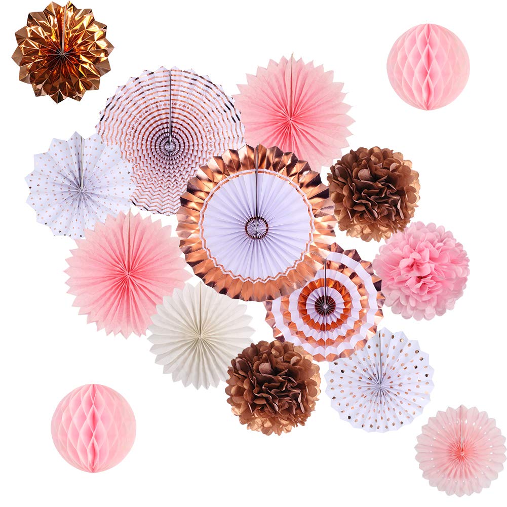 Rose Gold Party Decorations Set - 15pcs Pink Rose Gold Paper Fans & Pom Poms Flowers for Birthday, Bridal Shower, Bachelorette Party Decor | Perfect for Wedding, Baby Shower & Anniversary Celebrations