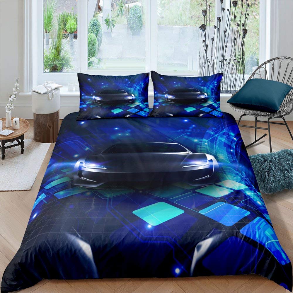 Extreme Speed Racing Car Comforter Set - Twin Size Navy Blue Sports Theme Duvet Cover with Pillowcase for Kids, Boys & Teens | Perfect for Race Car Themed Bedrooms, Birthday Gifts & Young Motorsports Fans