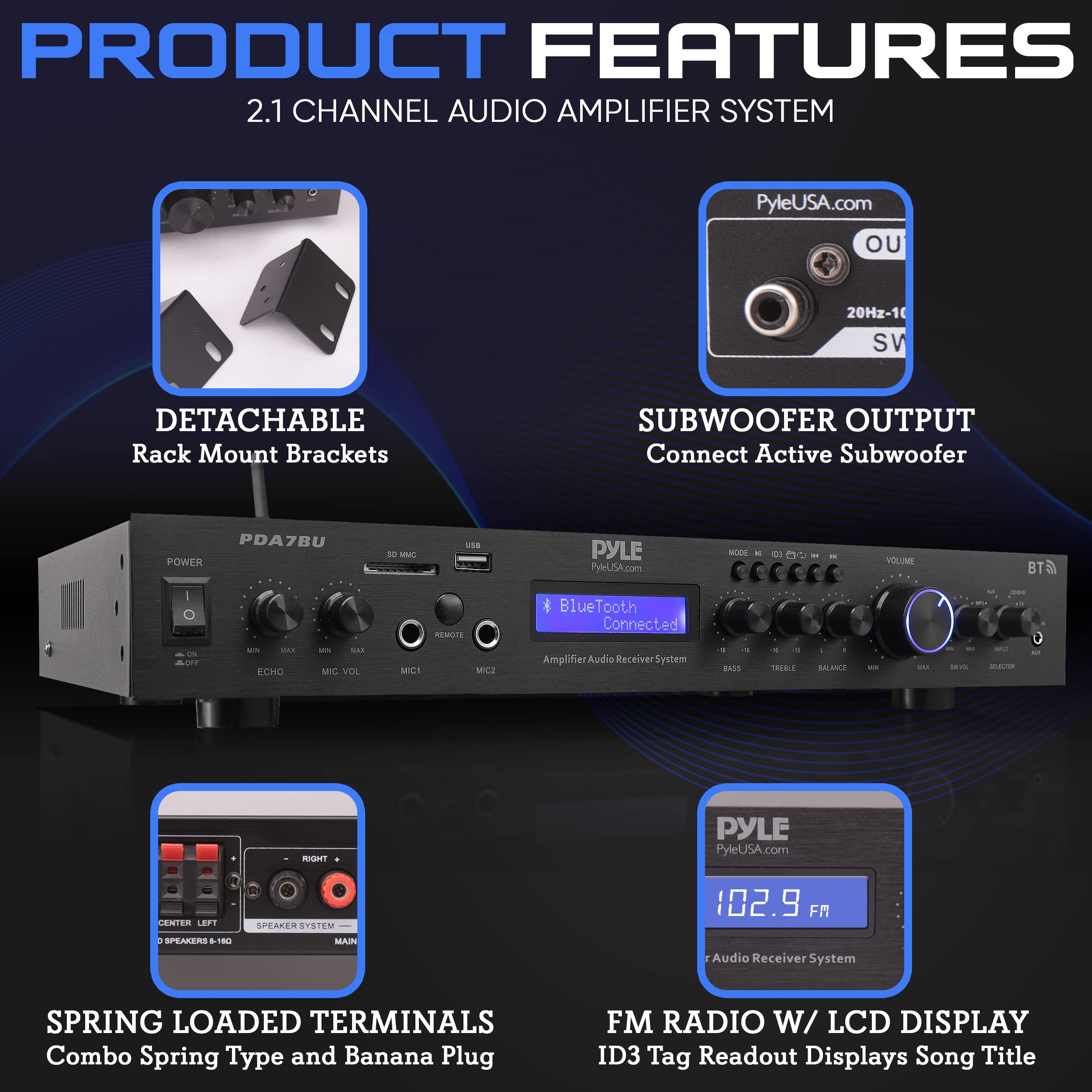 Pyle 5 Channel Rack Mount Bluetooth Amplifier Receiver - 200W Home Theater Amp with Wireless Streaming, MP3/USB/SD/AUX/FM Radio & Digital LCD Display | Perfect for Home Audio Systems, DJ Setups & Professional Studio Use - Model PDA7BU.5