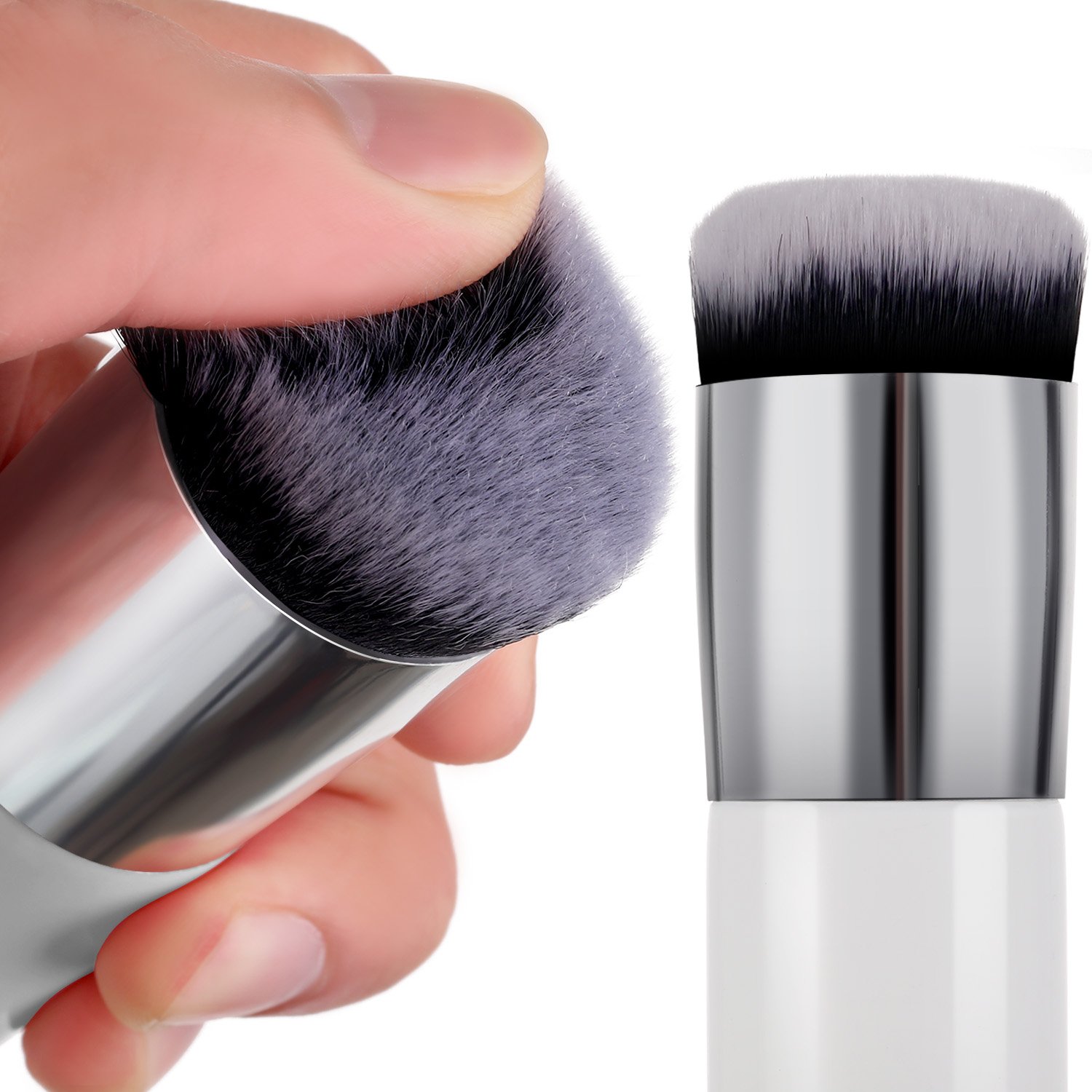 2 Pack Kabuki Makeup Brush Set - Chubby Foundation Brush & Travel Powder Brush for Liquid, Cream & Powder Cosmetics (White/Rose Gold & Pink/Silver) - Perfect for Professional Makeup Application & On-the-Go Touch Ups
