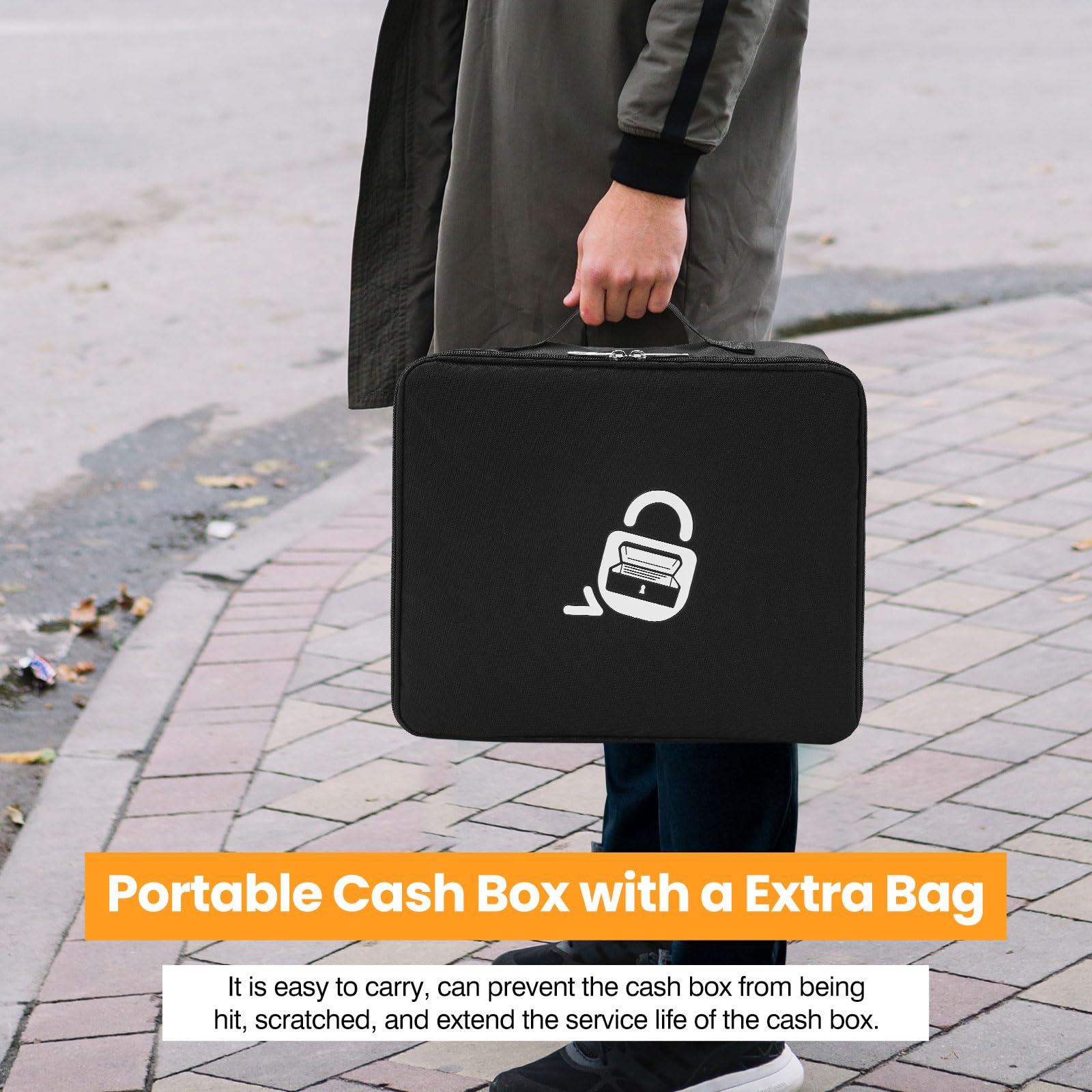 Secure Metal Locking Cash Box with Key & Carry Bag - 4 Bill & 5 Coin Slots, Cantilever Design, Durable Money Safe for Home, Office, or Retail Use - Black Money Saving Organizer