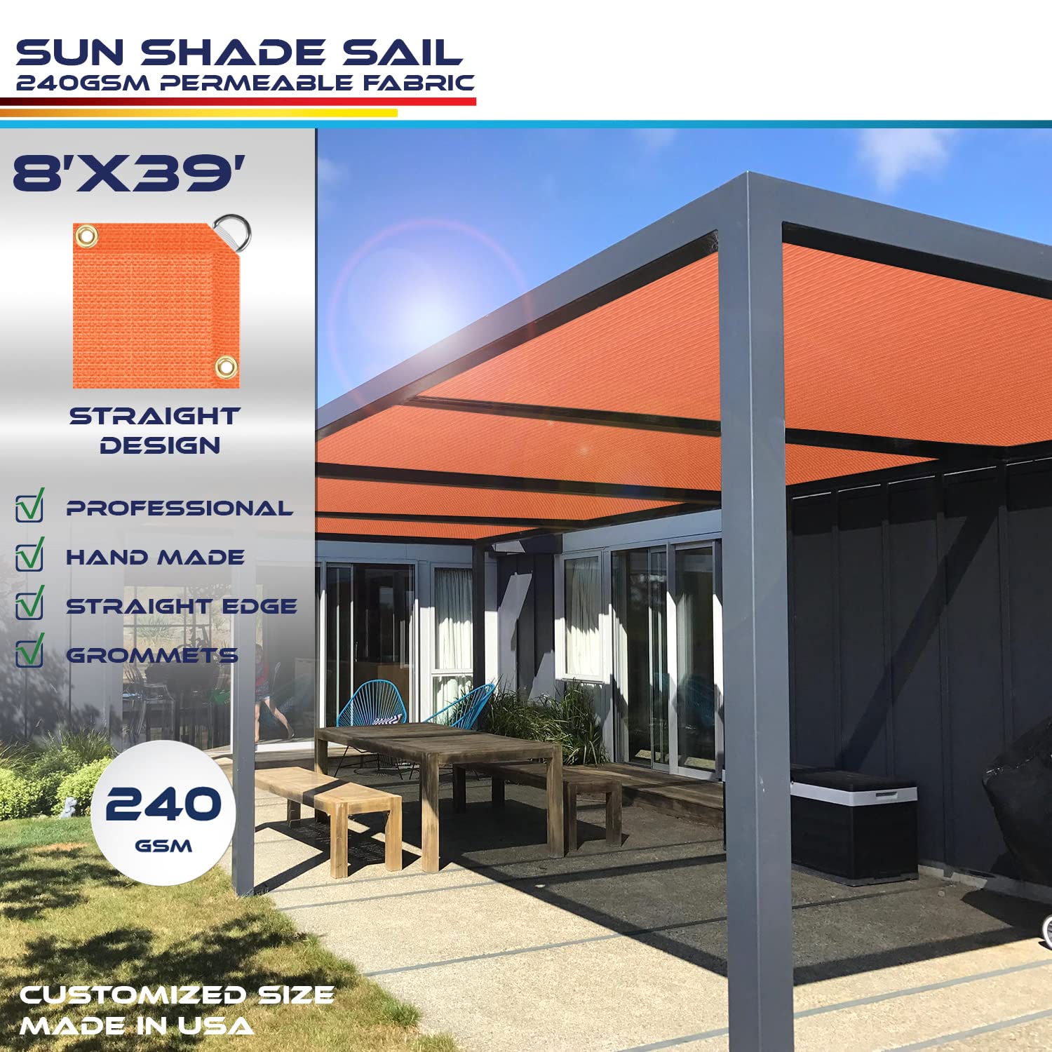 8' x 39' UV Block Sun Shade Sail Canopy - Outdoor Straight Edge Sun Protection with Grommets & D-Rings - Perfect for Pergola, Backyard, Patio, Poolside and Garden Shade (Orange)