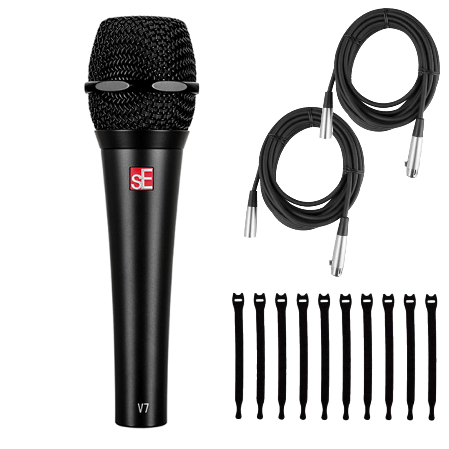 Briskdrop sE Electronics V7 Black Dynamic Supercardioid Handheld Microphone with 2 XLR Cables & 10 Cable Ties - Professional Studio Recording, Live Performances, Podcasting, Streaming & Broadcasting