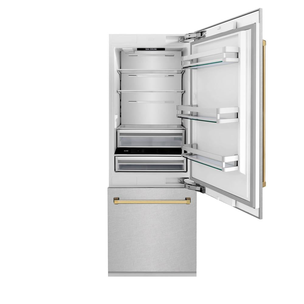 ZLINE Autograph Edition 30-Inch Built-In Bottom Freezer Refrigerator - 16.1 cu. ft. Capacity, Water Dispenser & Ice Maker - Satin Stainless Steel with Polished Gold Accents (RBIVZ SN 30 G) - Perfect for Modern Kitchens & Luxury Homes