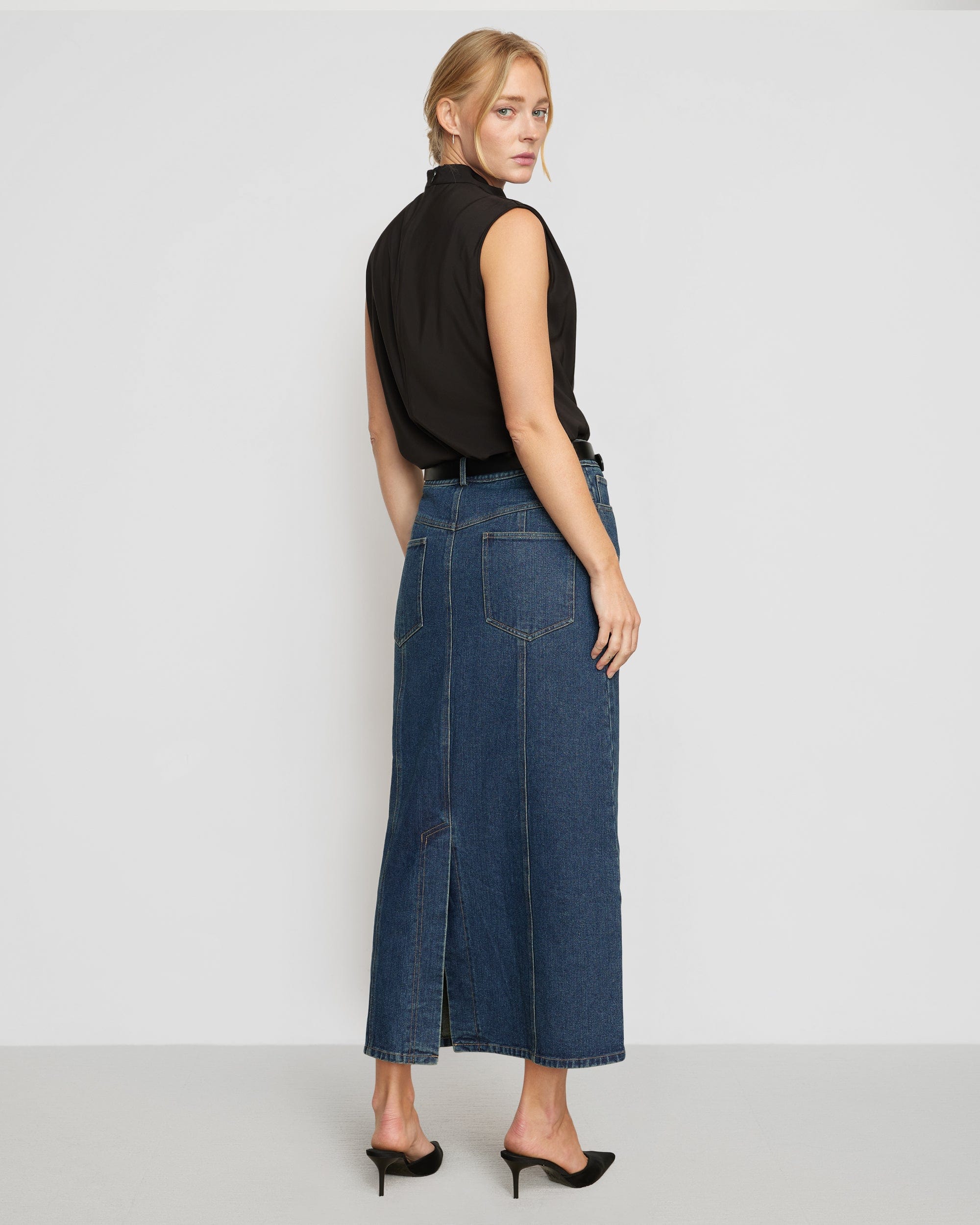 Riley Denim Maxi Skirt for Women - High Waisted Stretchy Long Denim Skirt with Pockets - Perfect for Casual Outfits, Date Nights & Summer Fashion
