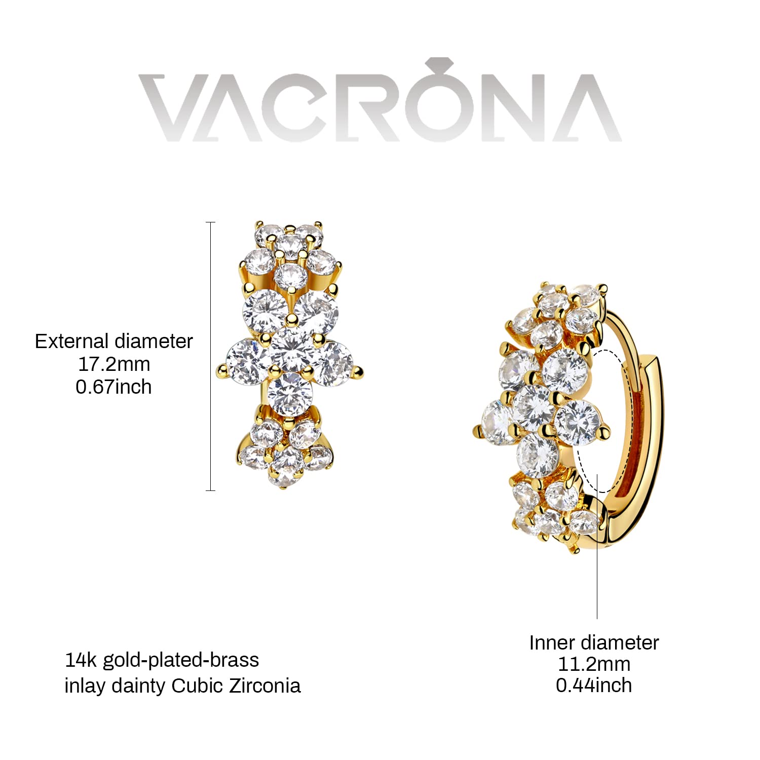 VACRONA 14k Gold Plated Cubic Zirconia Huggie Hoop Earrings for Women - Tiny, Lightweight, Simple Small Hoop Earrings - Perfect for Everyday Wear, Gifts, Parties & Special Occasions