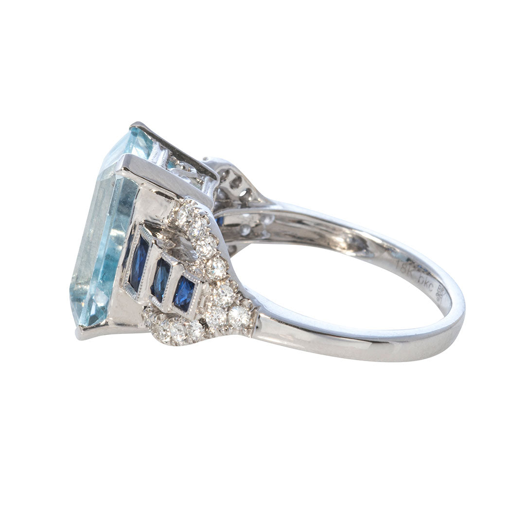 Exquisite 18K White Gold Ring with Aquamarine, Sapphire & Diamonds | Elegant Jewelry for Women | Perfect for Weddings, Anniversaries & Special Occasions