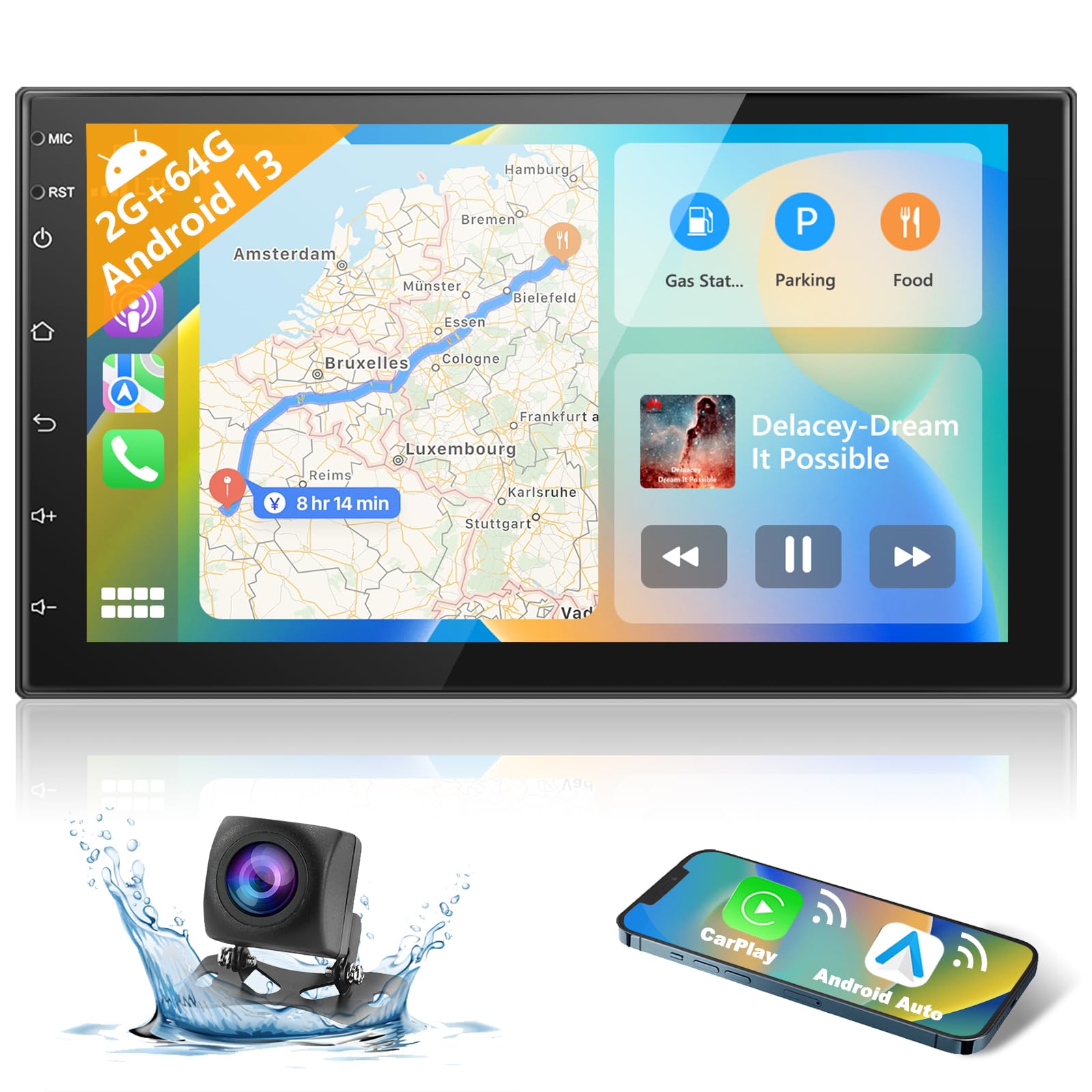 Podofo 2+64GB Wireless Apple CarPlay & Android Auto Car Stereo - 7 Inch Touch Screen Double 2 Din Android 13 Car Radio with Bluetooth, Mirror Link, GPS, SWC, WiFi, FM/RDS + AHD Backup Camera - Perfect for Road Trips & Daily Commuting