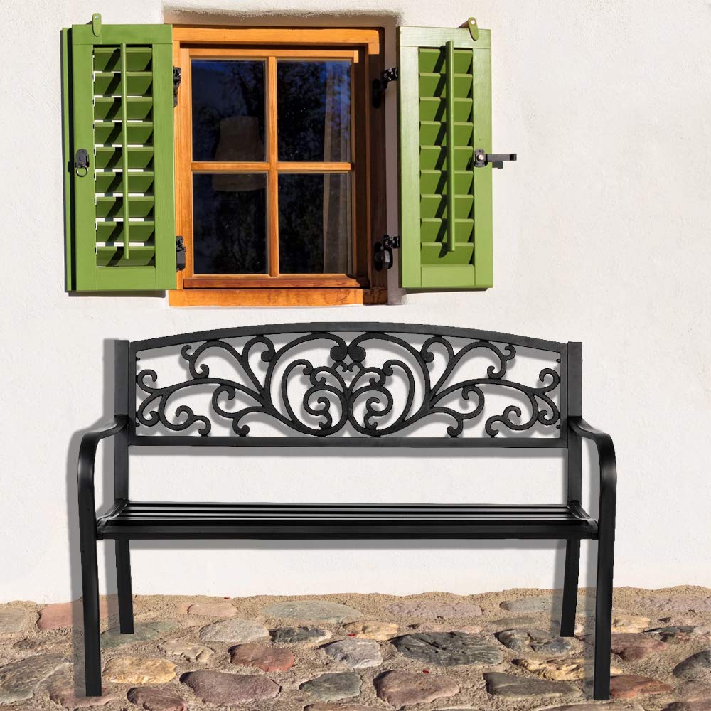 VINGLI 50 Inch Outdoor Metal Bench - Heavy Duty Powder Coated Cast Iron Steel Garden Bench for Patio, Yard, Lawn, Deck & Entryway - Weather Resistant Black Outdoor Furniture for Relaxing & Decorating