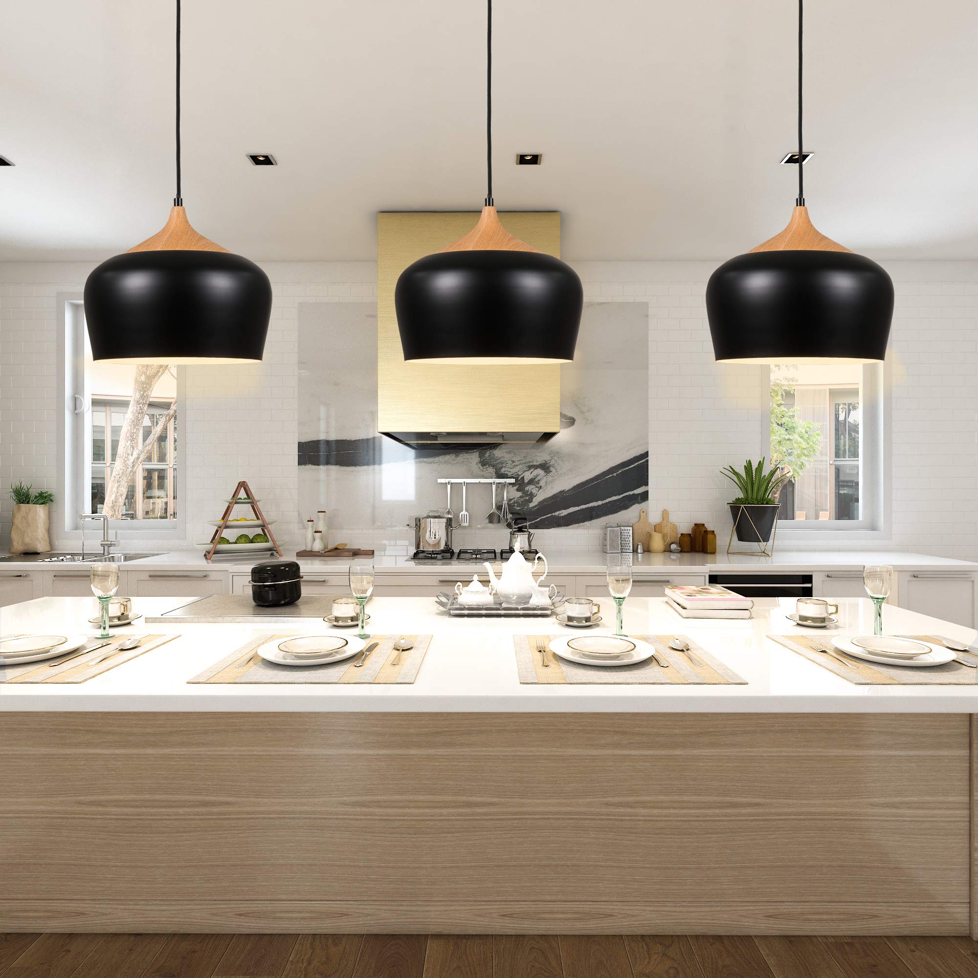 Modern Wood Pattern Pendant Light - Minimalist Industrial Dome Ceiling Hanging Lamp for Kitchen Island, Dining Room, Living Room, Bedroom, Barn - Black | Perfect for Farmhouse, Loft & Industrial Decor Styles