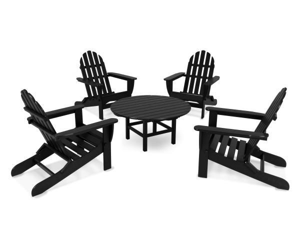 Polywood Black Classic Folding Adirondack 5-Piece Outdoor Patio Furniture Set - Perfect for Backyard, Poolside & Garden Relaxation