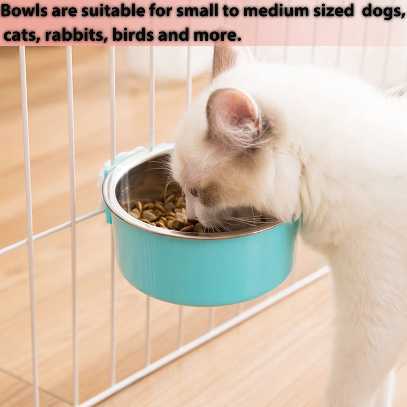 2 Pack Removable Stainless Steel Hanging Pet Bowls - Dog Food & Water Feeder for Kennel, Cage, Coop - Perfect for Puppies, Medium Dogs, Cats, Rabbits, Ferrets & Birds (Blue & Red) - Ideal for Travel, Camping & Indoor/Outdoor Use