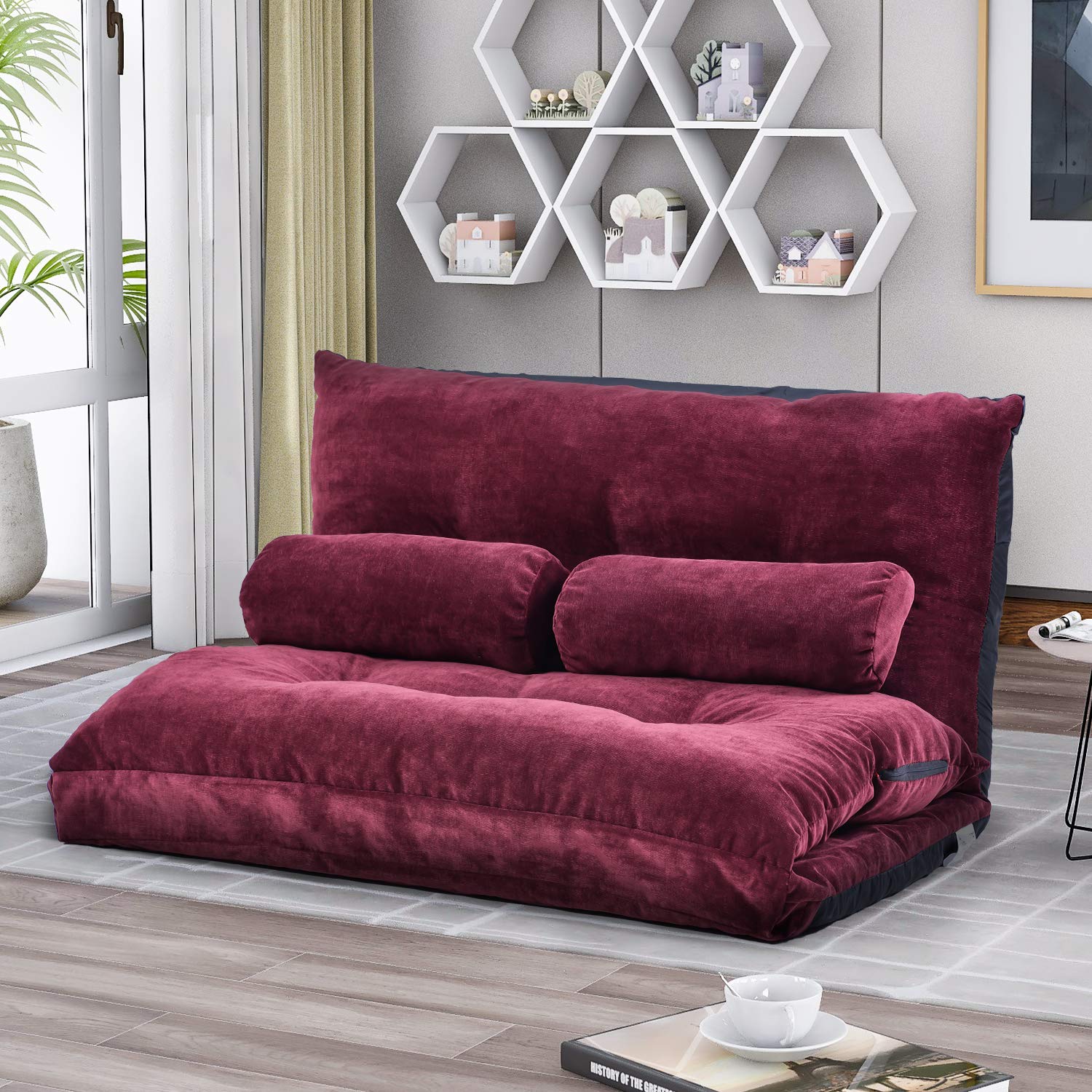 Foldable Floor Sofa Bed with 5 Adjustable Reclining Positions - Convertible Futon Couch for Living Room, Bedroom & Game Room - Japanese Style Floor Lounger with 2 Pillows - Perfect for Relaxing, Gaming & Small Space Living (Red)