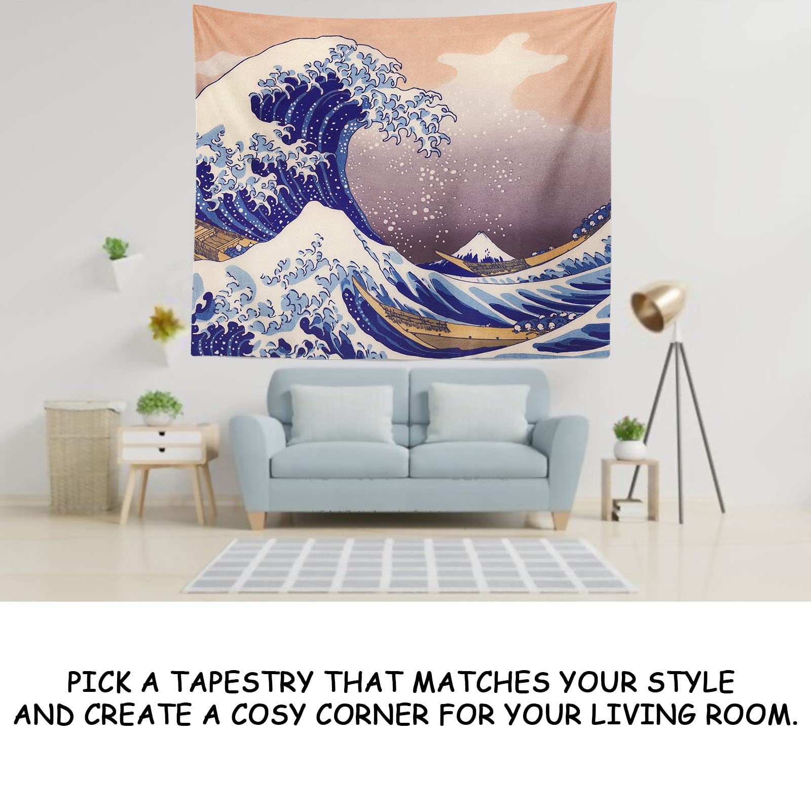 IcosaMro The Great Wave Off Kanagawa Tapestry - 51x60 Inch Large Ocean Wall Art for Bedroom, Dorm & Home Decor | Japanese Wave Painting Wall Hanging with Hemmed Edges | Perfect for Coastal, Boho or Asian Inspired Room Themes