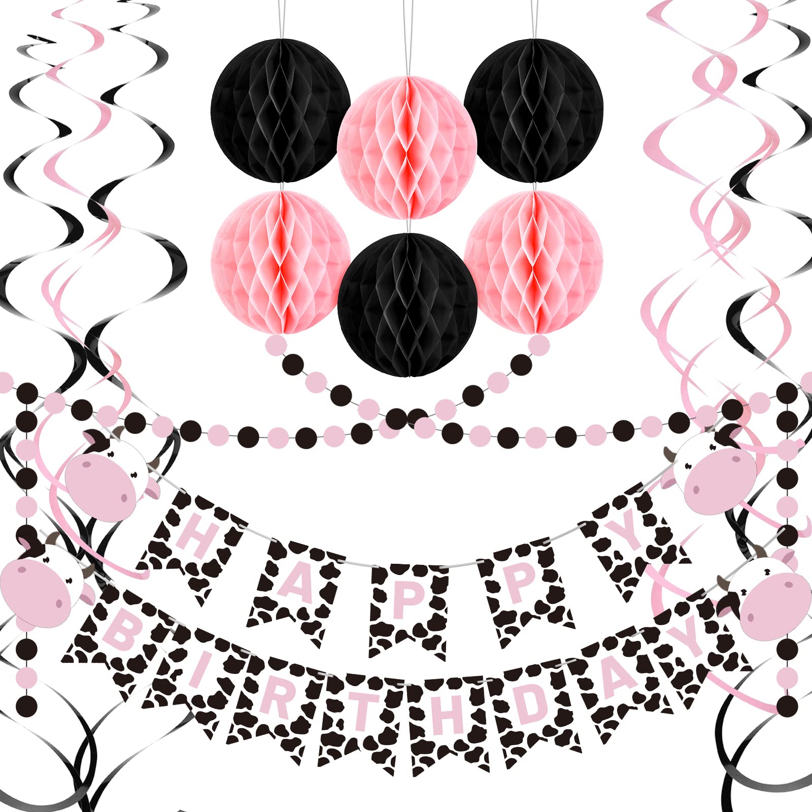 Pink Cow Themed Party Decorations Supplies - Happy Birthday Banner, Hanging Swirls, Round Paper Garland, Honeycomb Balls for Baby Showers, Kids Birthday & Farm Animal Ceiling Decor