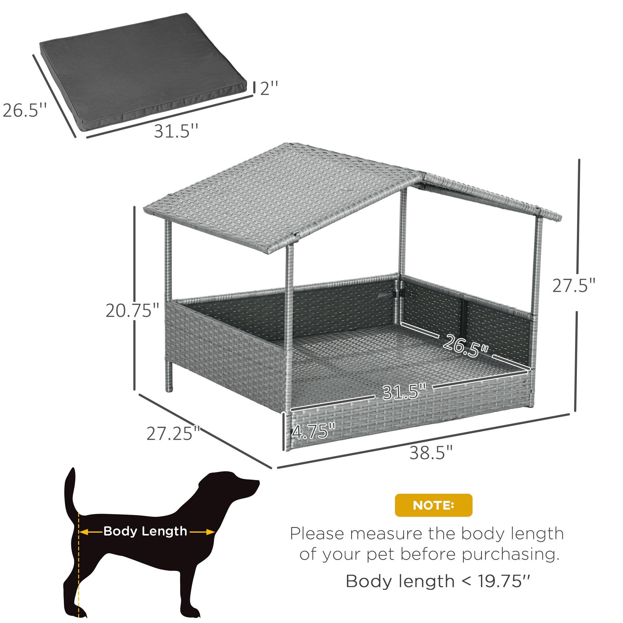 Waterproof Rattan Dog House with Canopy - Outdoor Pet Bed with Removable Cushion for Small & Medium Dogs - Gray - Perfect for Backyard, Patio & Garden Use