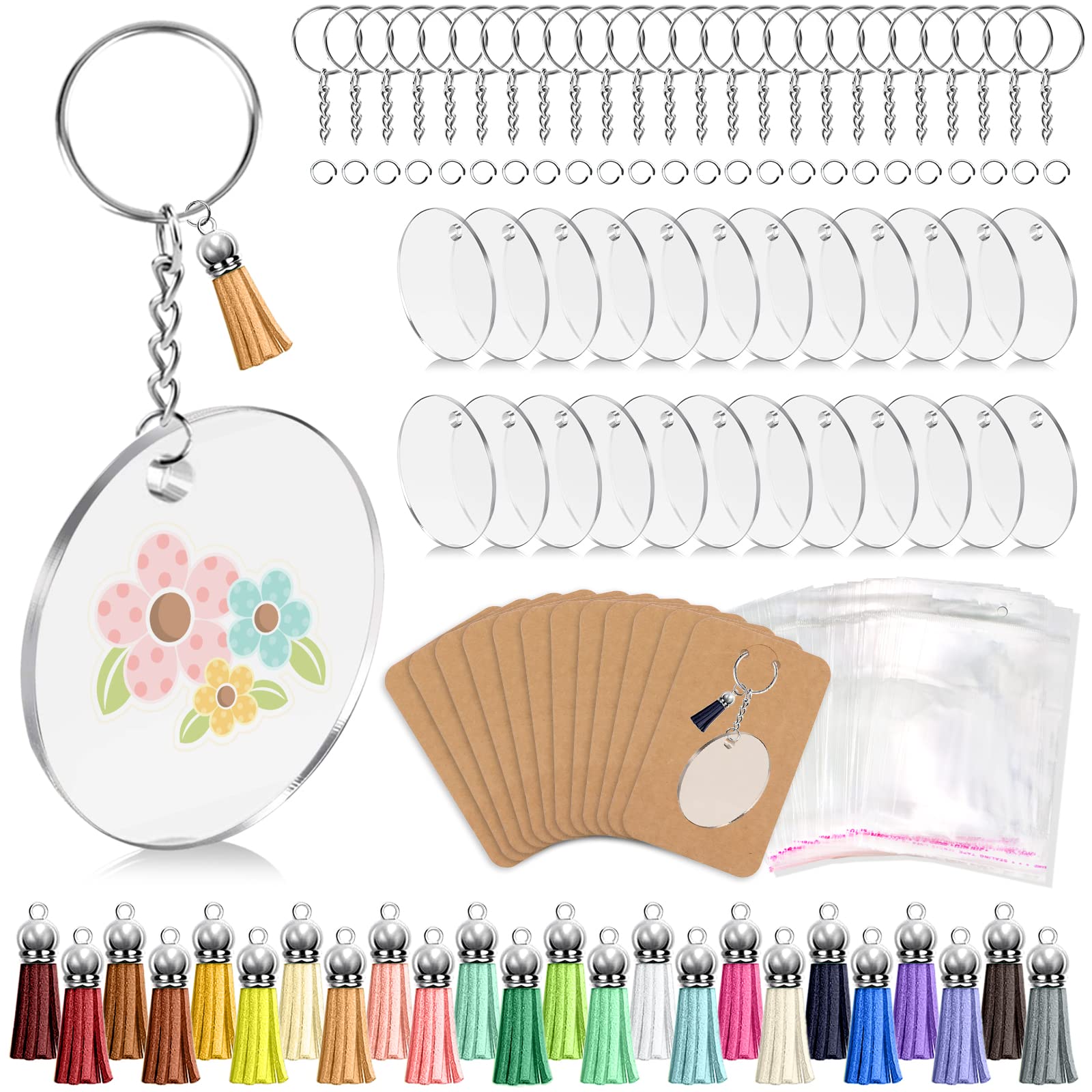 ZYNERY 144 Pcs Clear 2 Inch Acrylic Keychain Blanks with Key Rings - DIY Keychain Making Kit for Cricut, Vinyl Crafting - Includes Display Cards, Tassels & Jump Rings - Perfect for Custom Gifts, Party Favors & Craft Projects