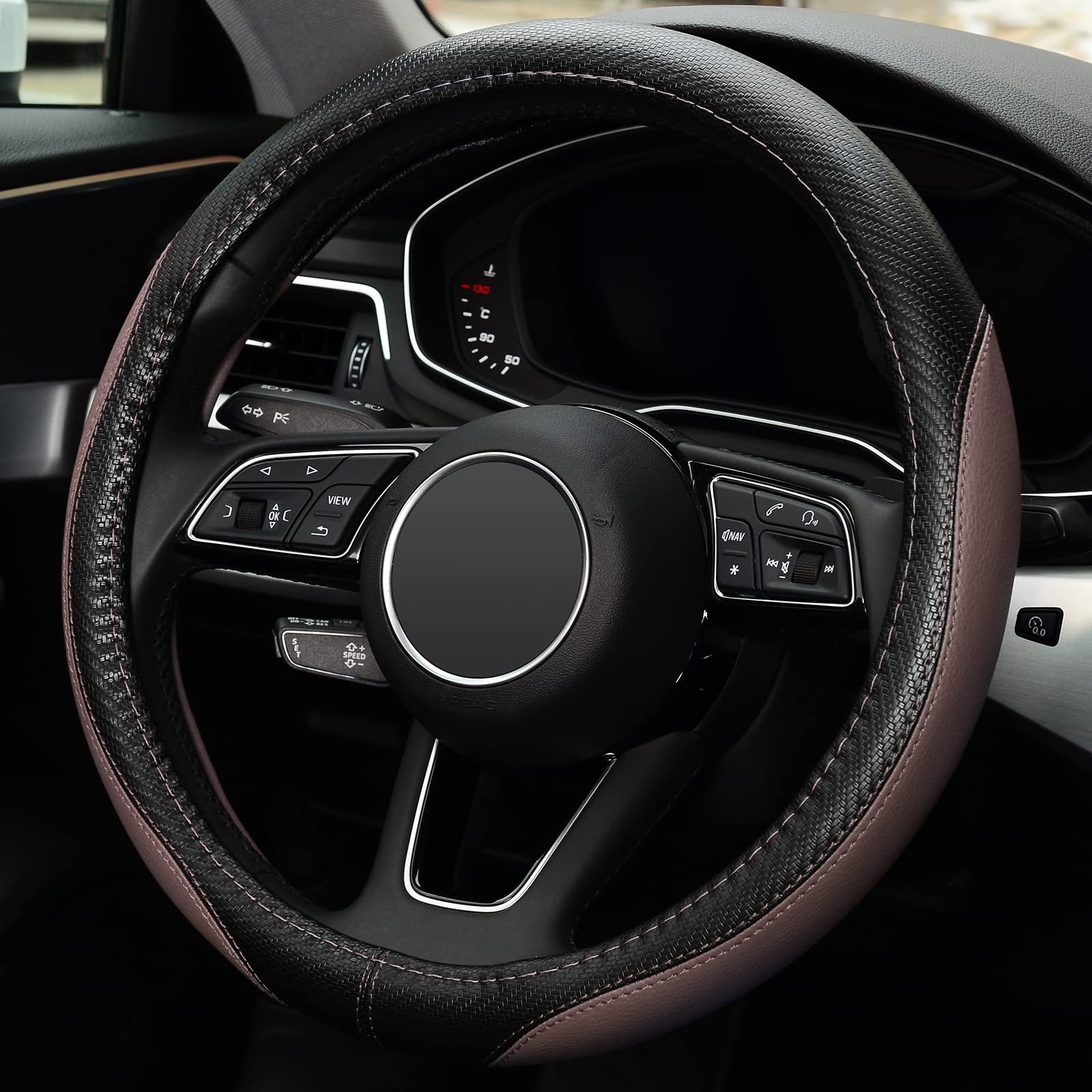 Premium Microfiber Leather Steering Wheel Cover - Universal 15 Inch Anti-Slip Car Accessory (Dark Brown) | Comfort Grip & Heat Protection for Summer Driving | Fits Most Vehicles