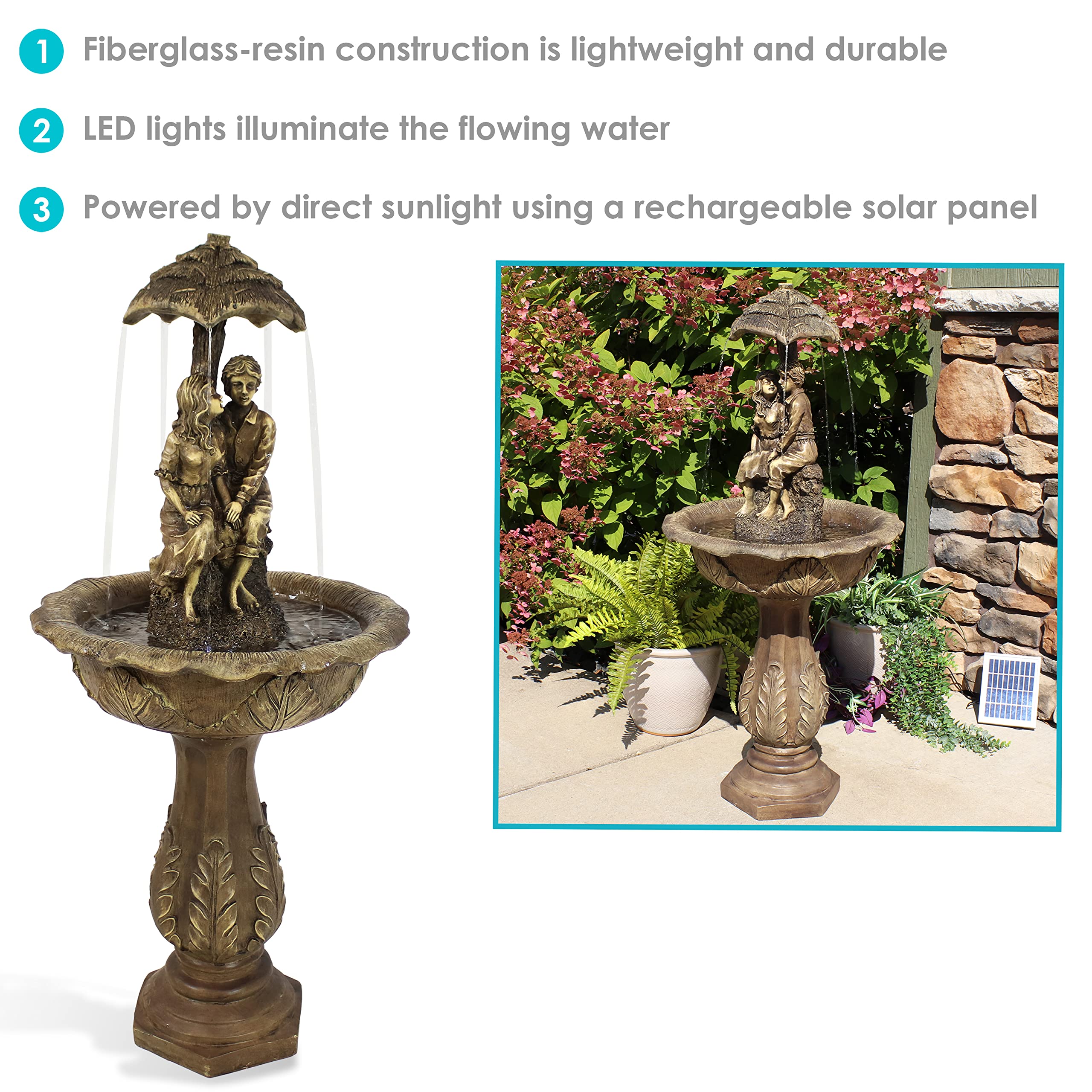 Sunnydaze 43-Inch Solar Powered Water Fountain with LED Lights - Rechargeable Battery Backup - Durable Fiberglass & Resin Design - Perfect for Garden, Patio, and Outdoor Decor