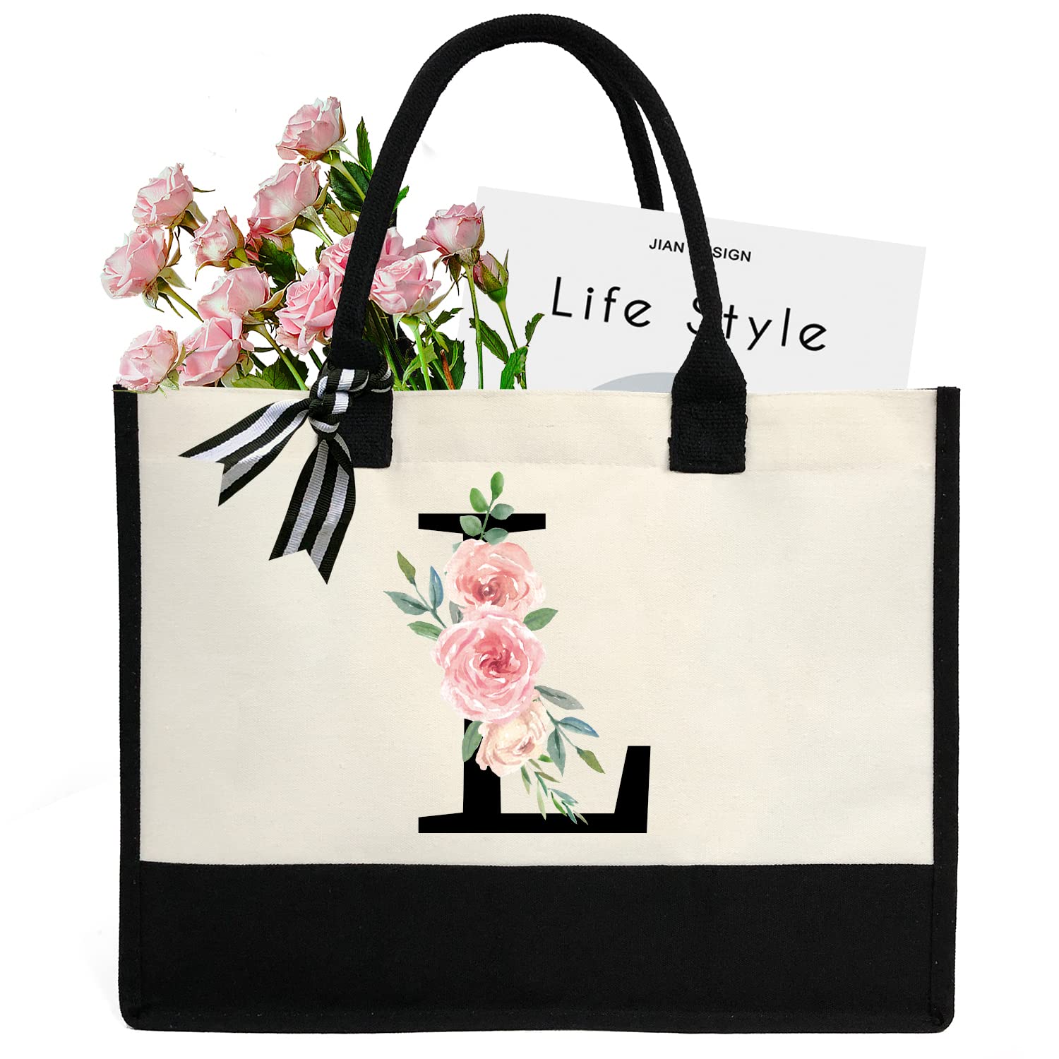 Personalized Initial Canvas Beach Tote Bag - Custom Printed Letter Design - Great Gift for Women, Mom, Friends, Teachers & Bridesmaids - Perfect for Beach Trips, Shopping & Everyday Use