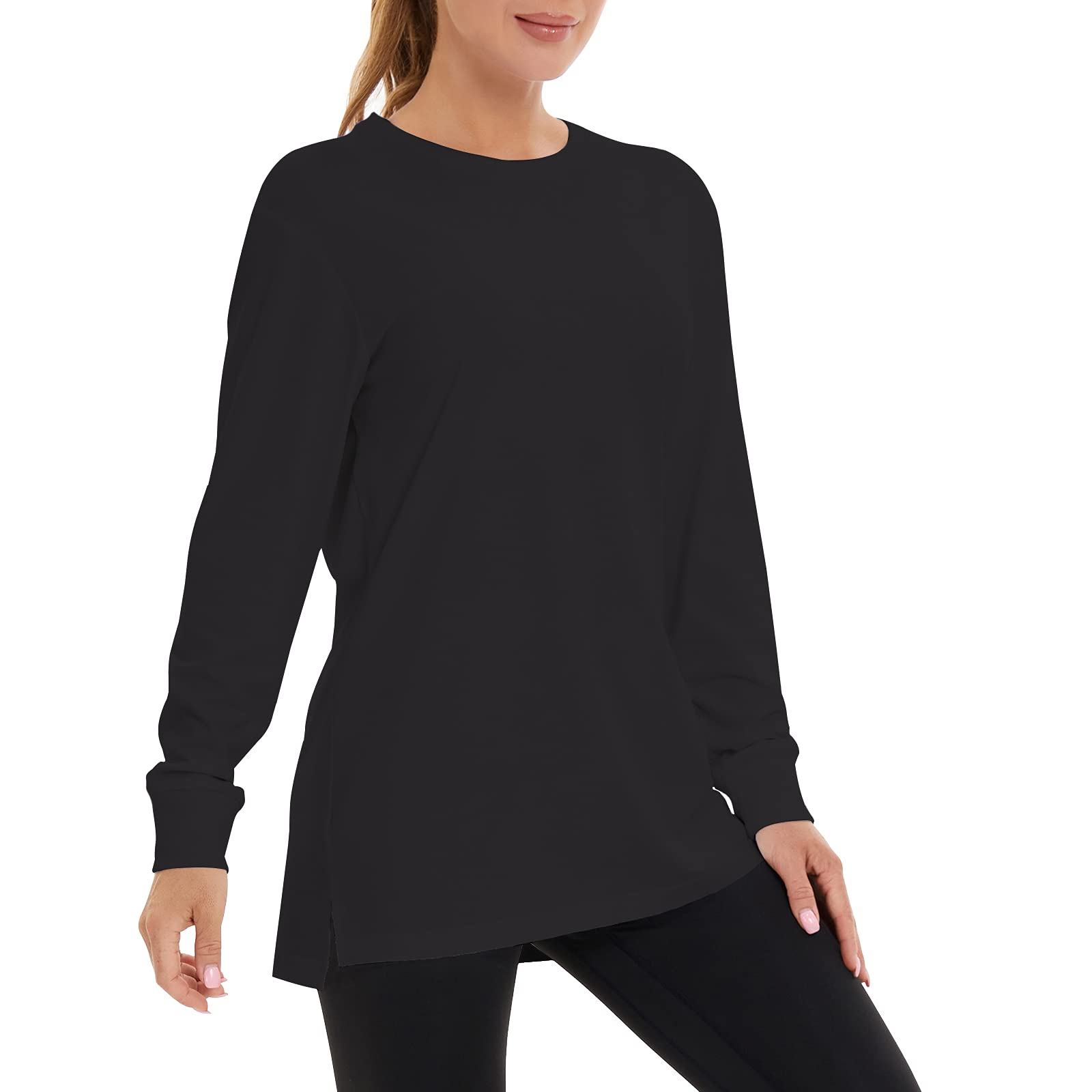 Women's Long Sleeve Cotton T-Shirt - Loose Fit Casual Sweatshirt for Layering | Soft Solid Color Tee for Everyday Wear, Workout & Lounge