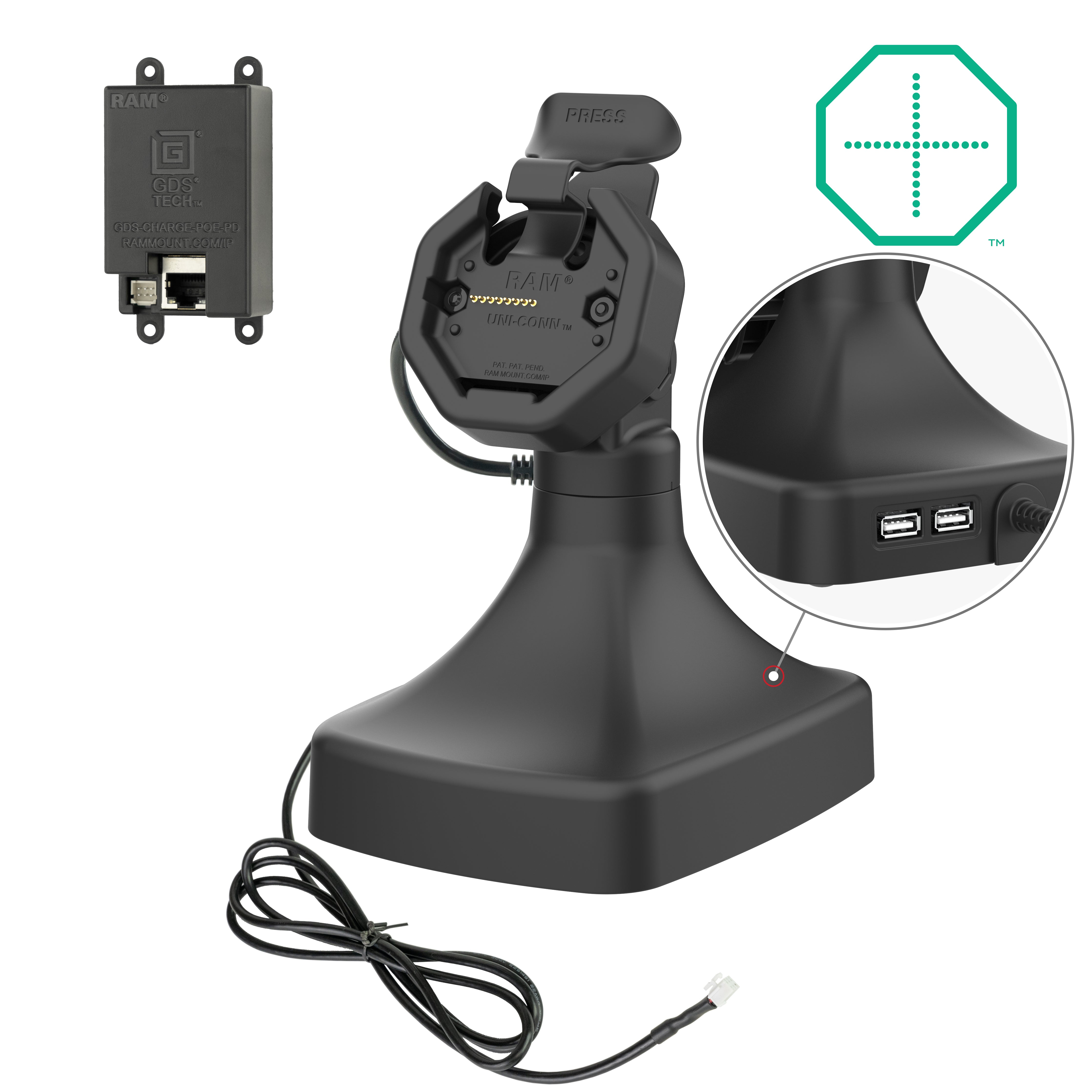 GDS® Uni Conn™ Powered Tilt & Swivel Dock with PoE + Data (RAM GDS DOCK D14 U3E 2A) - Universal Laptop Docking Station for Office & Home Workspace Setup