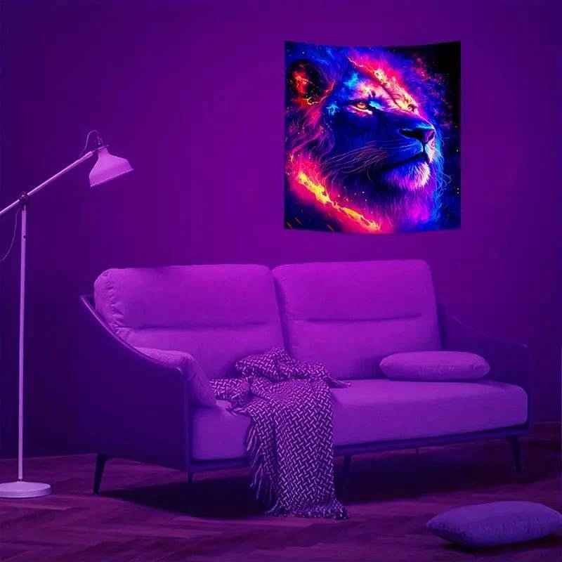 Lion Tapestry Wall Hanging - UV Reactive Glow in The Dark Art Decor for Bedroom, Dorm & Festival - Unique Hippie Boho Tapestry for Home Decor