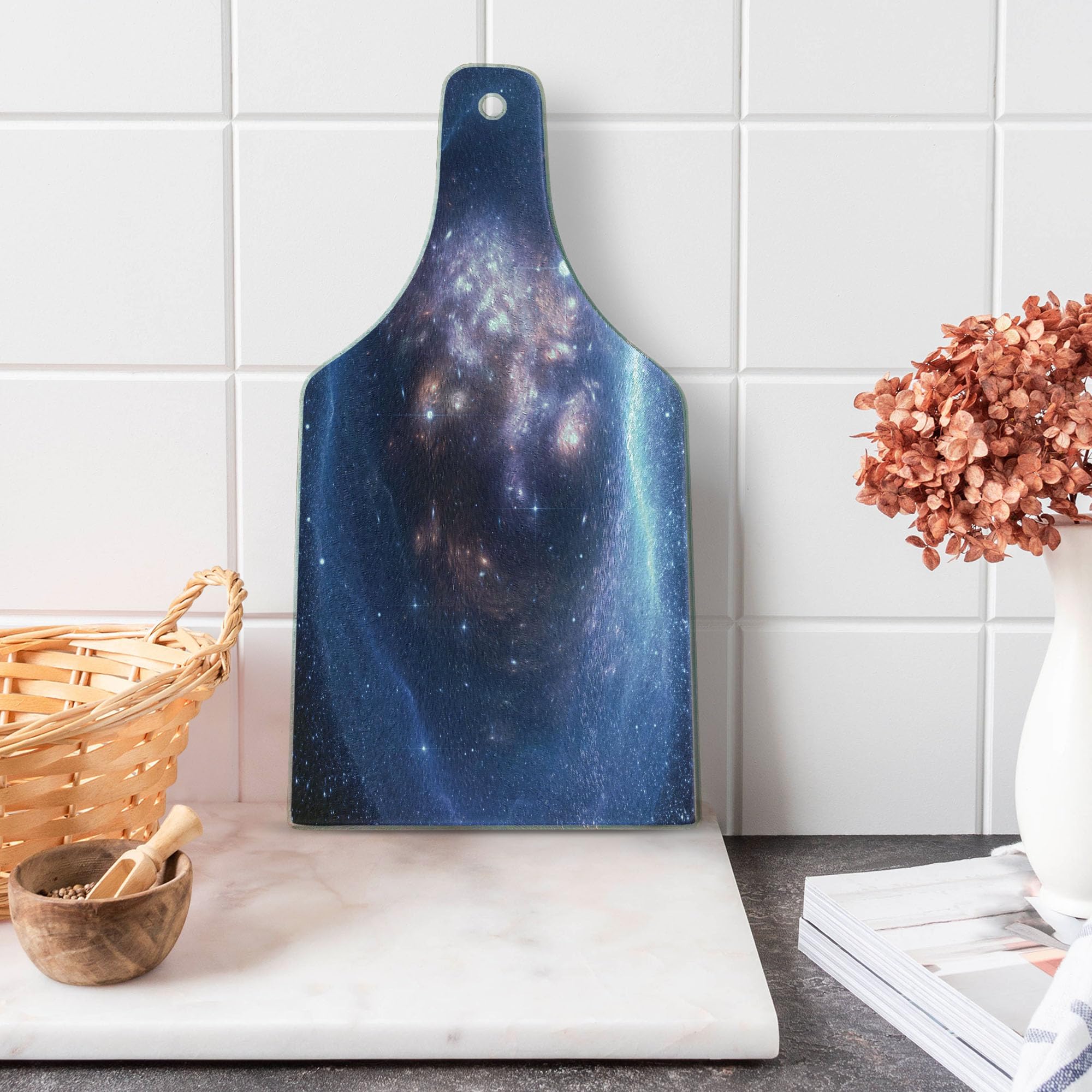 Ambesonne Outer Space Themed Tempered Glass Cutting Board - Wine Bottle Shape with Nebula, Gas Cloud & Star Clusters Astronomy Design - Navy Purple Decorative Serving Board for Kitchen, Party & Gift Giving