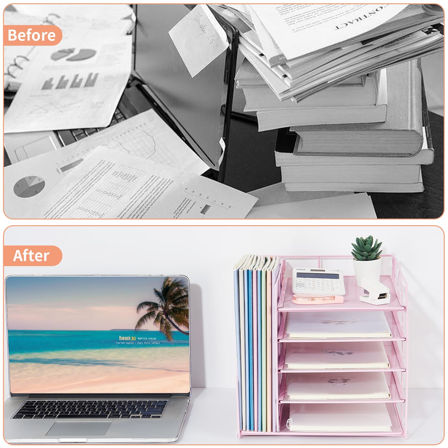 5-Tier Paper Letter Tray Organizer with File Holder - Pink Desk Organizer for Office & Home - Perfect for Mail, Documents, Bills, and Office Supplies Storage
