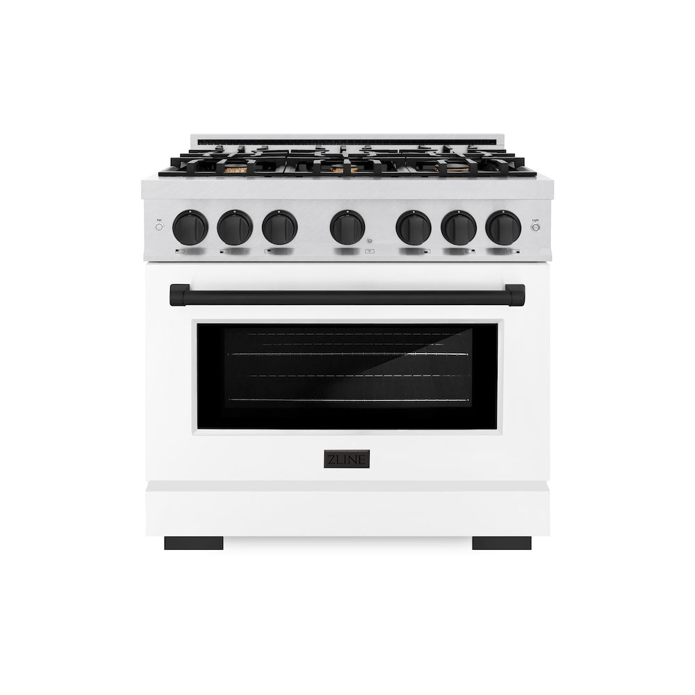 ZLINE Autograph Edition 36 Inch 5.2 Cu Ft Gas Range with 6 Burner Cooktop & Convection Oven - Satin Stainless Steel with White Matte Door & Black Accents (HGRSZ WM 36 MB) - Perfect for Modern Kitchens & Professional Chefs