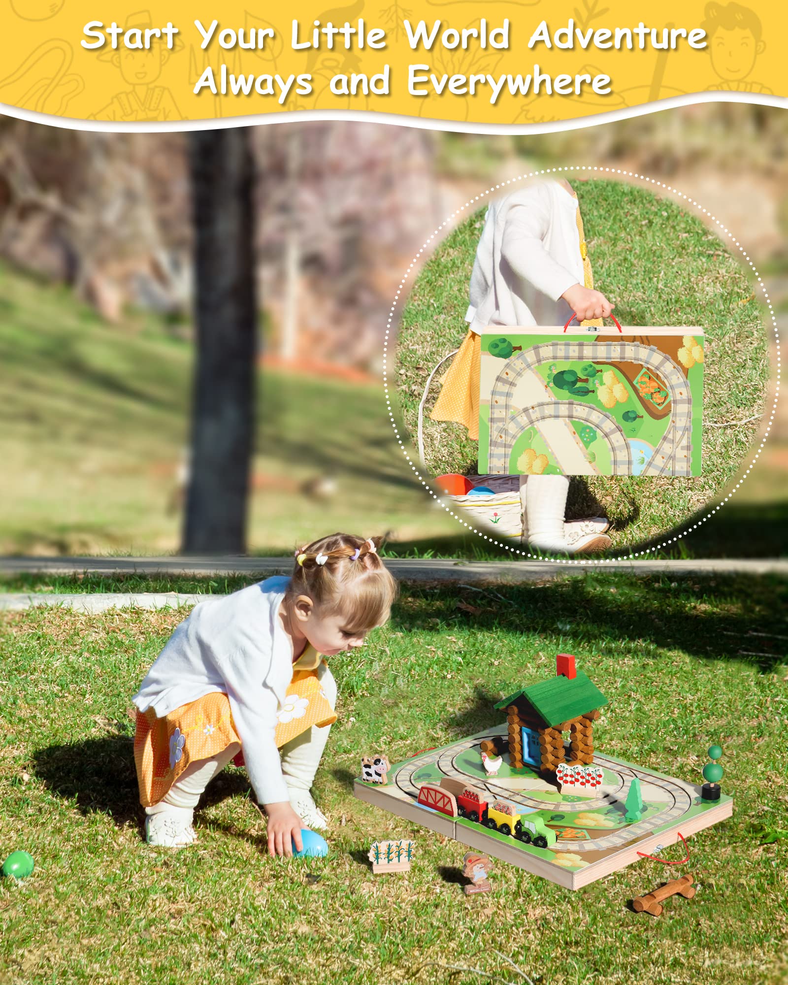 SainSmart Jr. Train Set for Toddlers - 78 PCS Portable Farm & Log Cabin Building Blocks, Take-Along Tabletop Railroad Toy for Kids Ages 3+ | Perfect for Pretend Play, Early Learning & Travel Entertainment