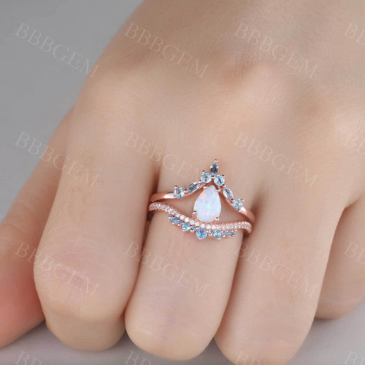 Vintage Opal Engagement Ring Set in Rose Gold with Blue Topaz Stacking Band - Unique Curved Wedding Bridal Jewelry Set for Proposal, Anniversary & Special Occasions
