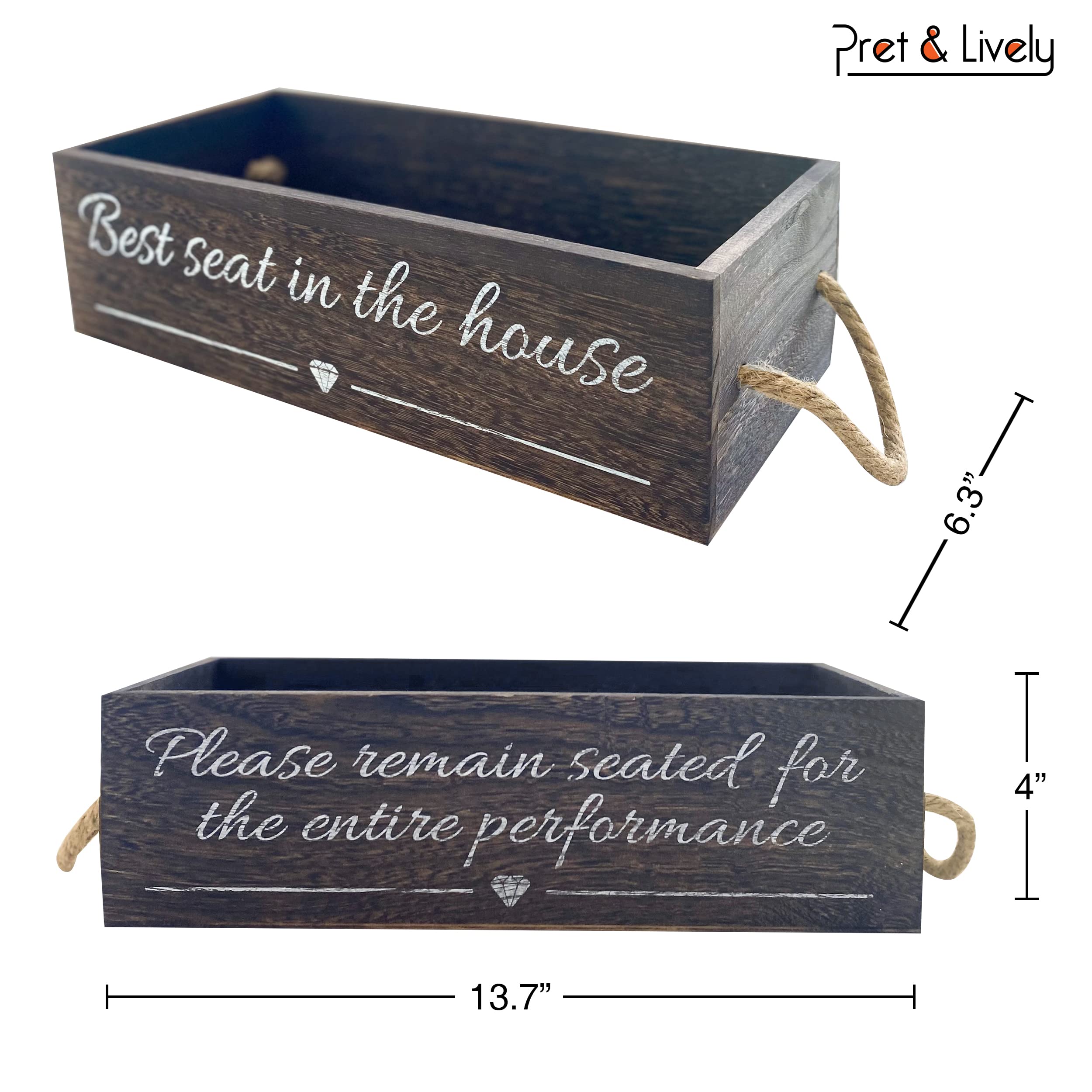 Farmhouse Storage Basket with Rope Handles - Rustic Wooden Crate for Bathroom Organization, Toilet Paper Holder & Diaper Caddy | Funny Gift Idea with Cute Signs & Artificial Plant | Perfect for Farmhouse Decor, Baby Shower Gifts & Home Organization