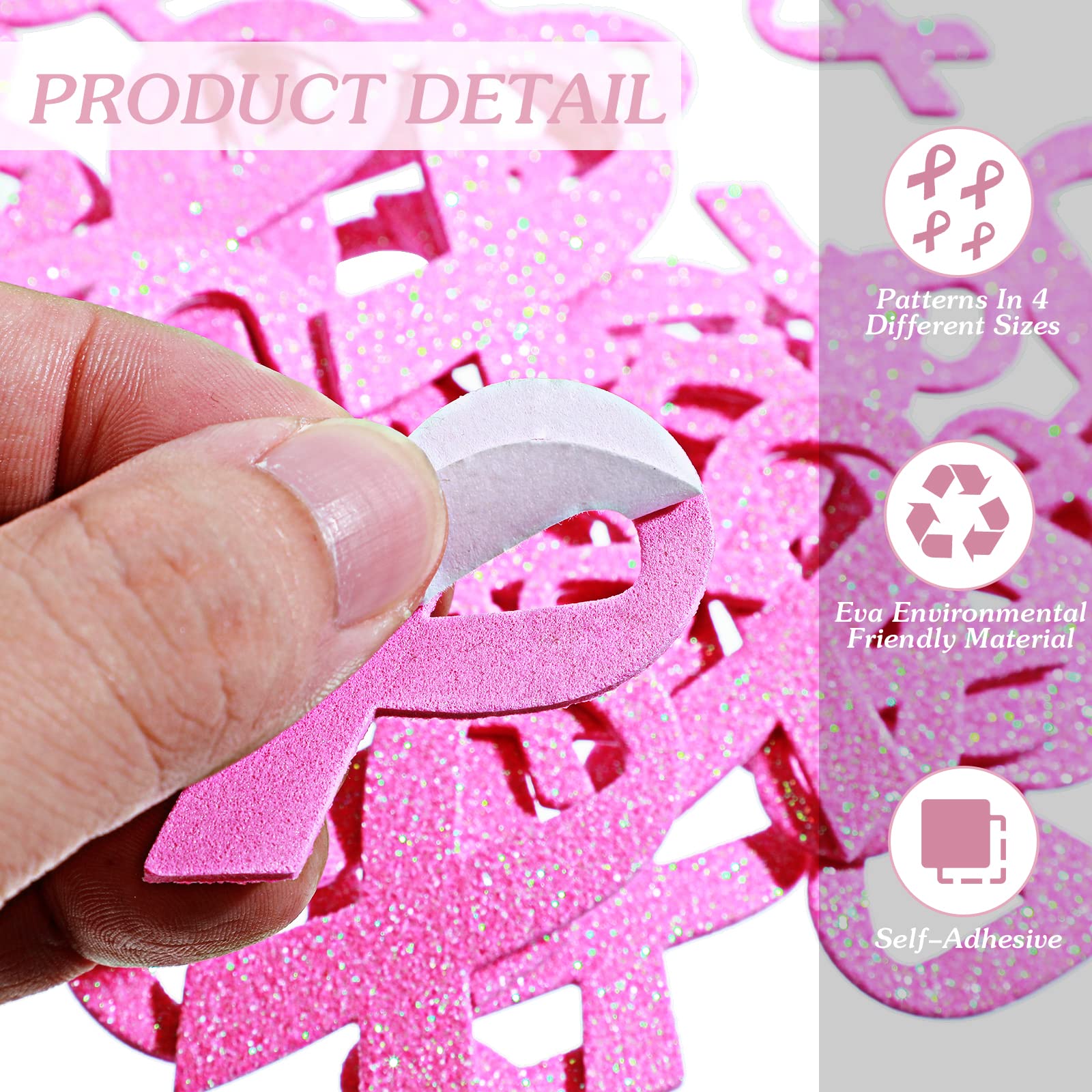 Mimorou 500 Pcs Pink Ribbon Glitter Foam Stickers - Breast Cancer Awareness Stickers for Helmets, DIY Crafts, Scrapbooking & Gifts - Waterproof Self-Adhesive Stickers for Women, Fundraising Events & Charity Support
