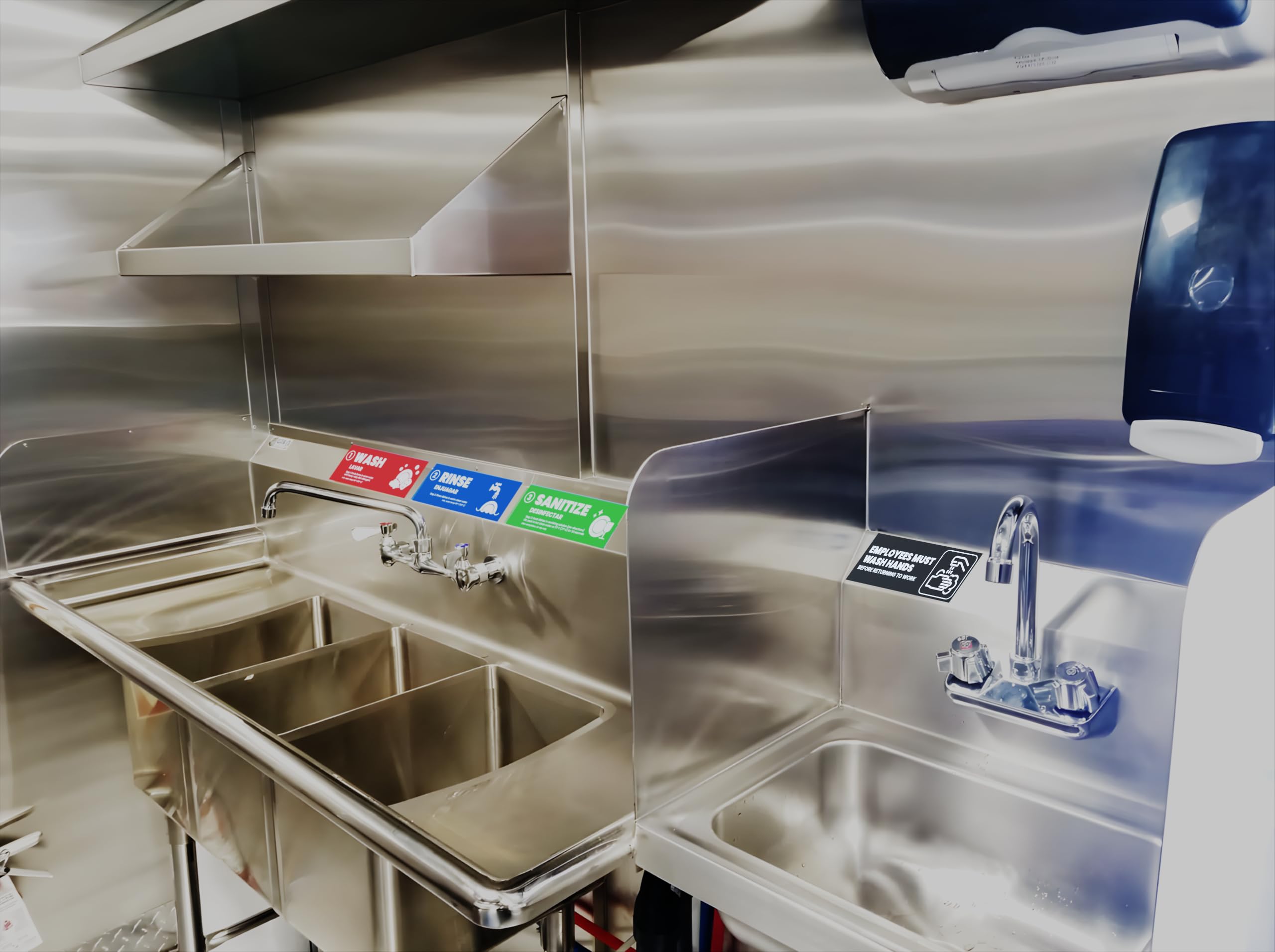 Premium Wash Rinse Sanitize Sink Labels - Hand Washing Signs for Restaurants & Food Service | 3 Compartment Sink Stickers | Dishwashing Training Labels | Employee Must Wash Hands Reminder (6 Pack, 2x6 Inch) - Perfect for Commercial Kitchens, Cafeterias & Food Safety Compliance