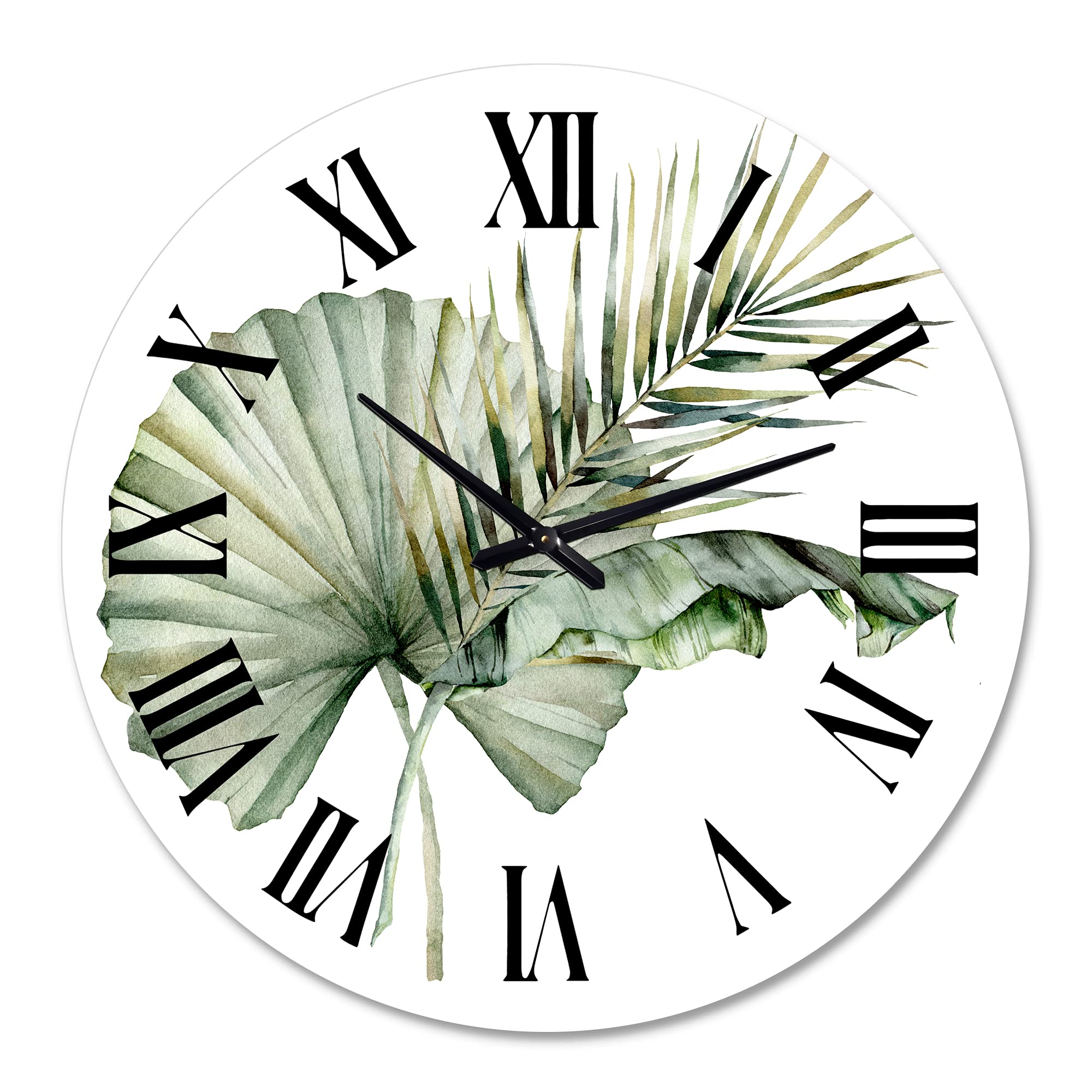 DesignQ Traditional Wall Clock - Tropical Bouquet with Banana Palm & Coconut Leaves - Large Floral Botanical Wall Clock for Bedroom, Living Room, Office Decor - Perfect for Home, Beach House & Tropical Theme Interior Design