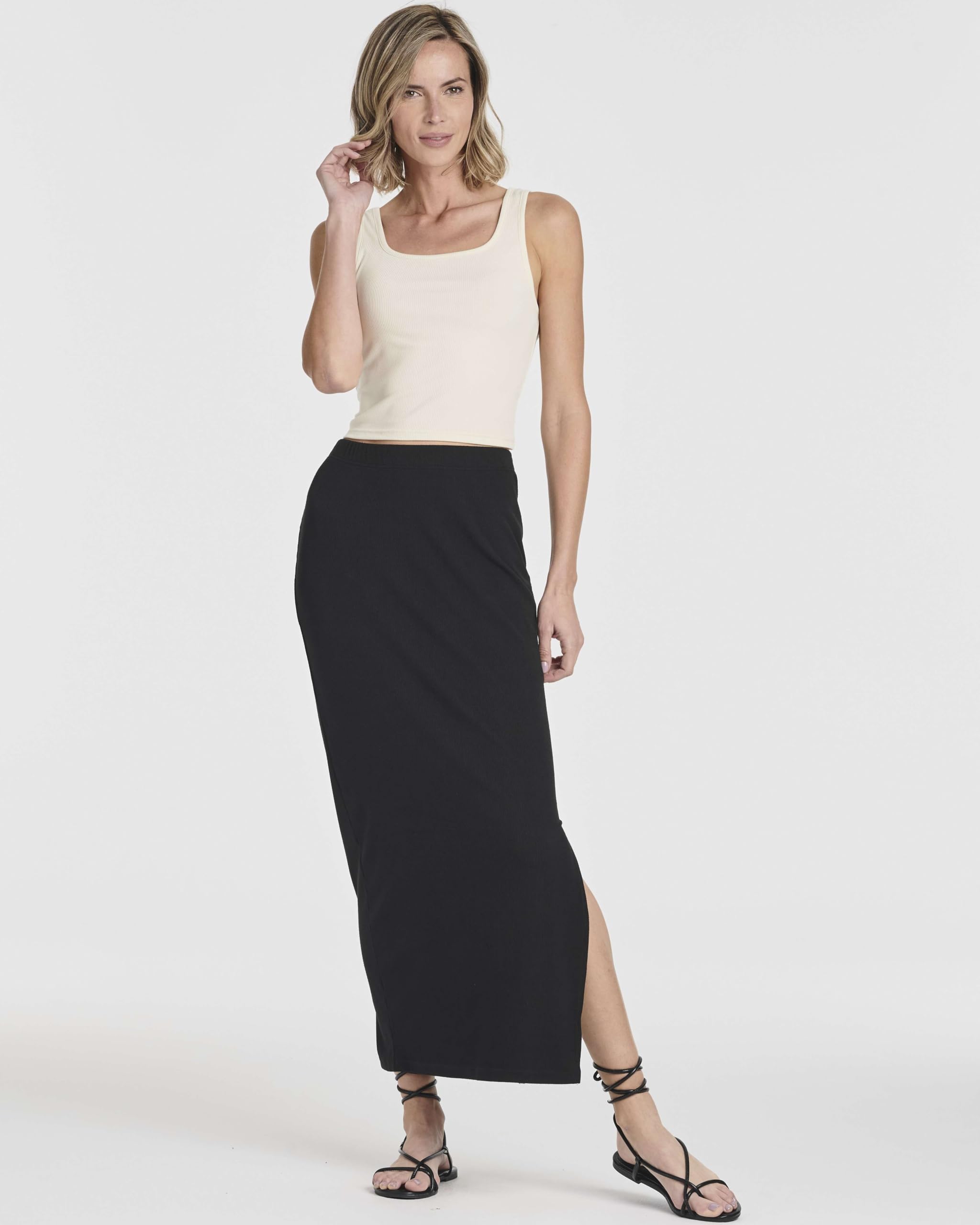Real Essentials 3 Pack Women's Ribbed High Waisted Maxi Skirt with Side Slit - Stretchy Long Pencil Skirt for Women, Plus Size Options - Perfect for Office, Date Night & Casual Outings